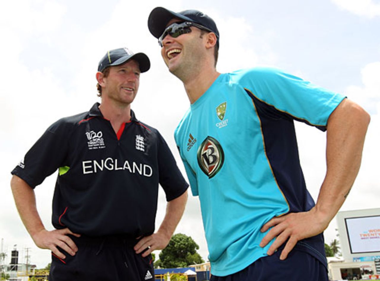 Paul Collingwood and Michael Clarke look relaxed ahead of Sunday's final, Bridgetown, May 15, 2010