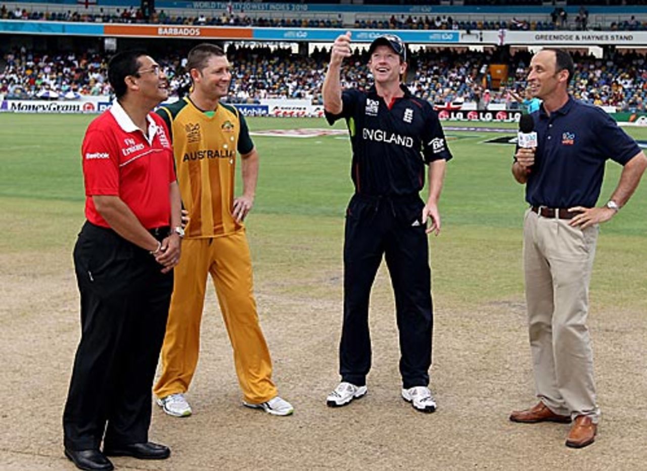 Michael Clarke and Paul Collingwood at the toss, England v Australia, ICC World Twenty20 final, Barbados, May 16, 2010