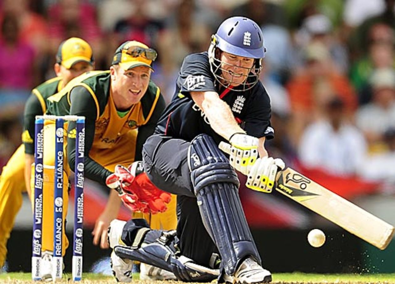 Eoin Morgan plays his favoured sweep, England v Australia, ICC World Twenty20 final, Barbados, May 16, 2010