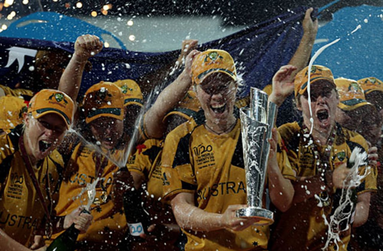 The champagne is out after Australia's win, Australia Women v New Zealand Women, Women's World Twenty20 final, Bridgetown, May 16, 2010