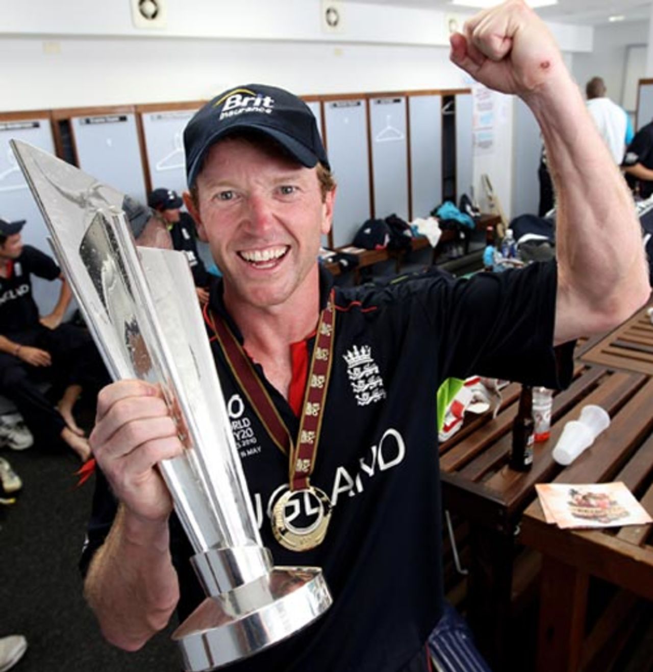 Paul Collingwood with the trophy in the dressing room, England v Australia, ICC World Twenty20 final, Barbados, May 16, 2010