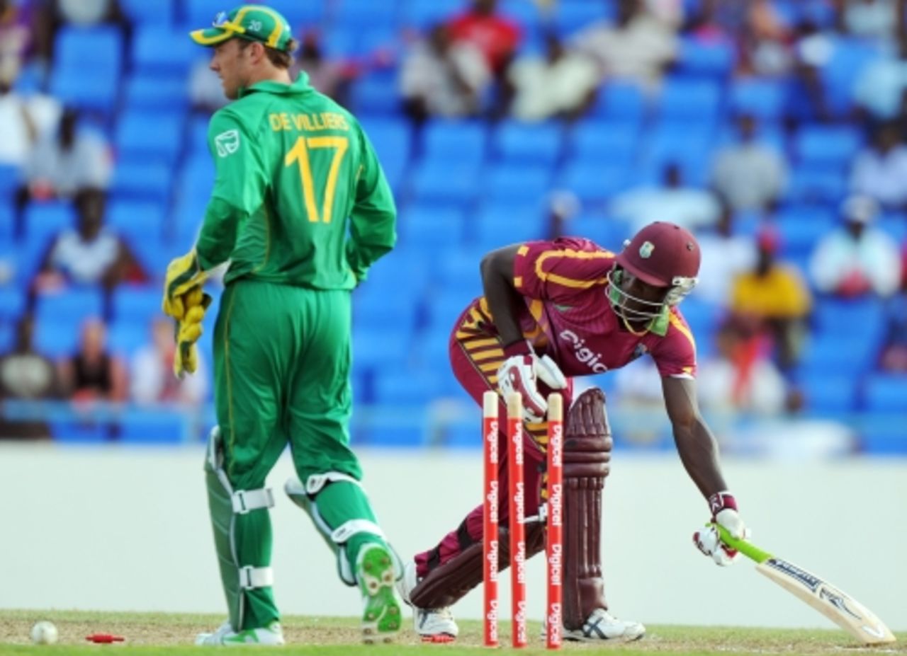 Darren Sammy was stumped by AB de Villiers when he wandered too far out of his crease to a wide, West Indies v South Africa, 1st Twenty20, Antigua, May 19, 2010