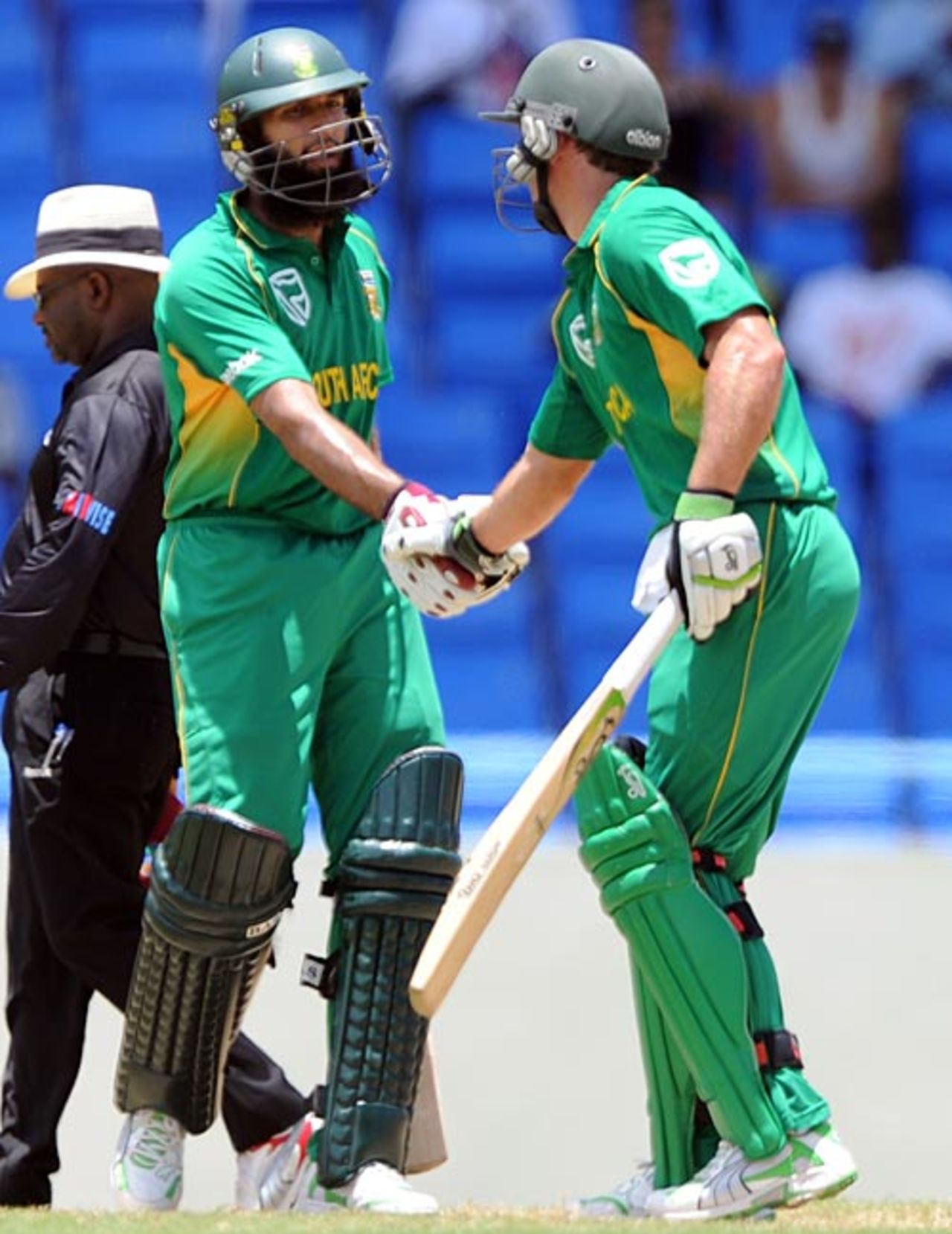 Hashim Amla is congratulated by AB de Villiers, West Indies v South Africa, 1st ODI, Antigua, May 22, 2010