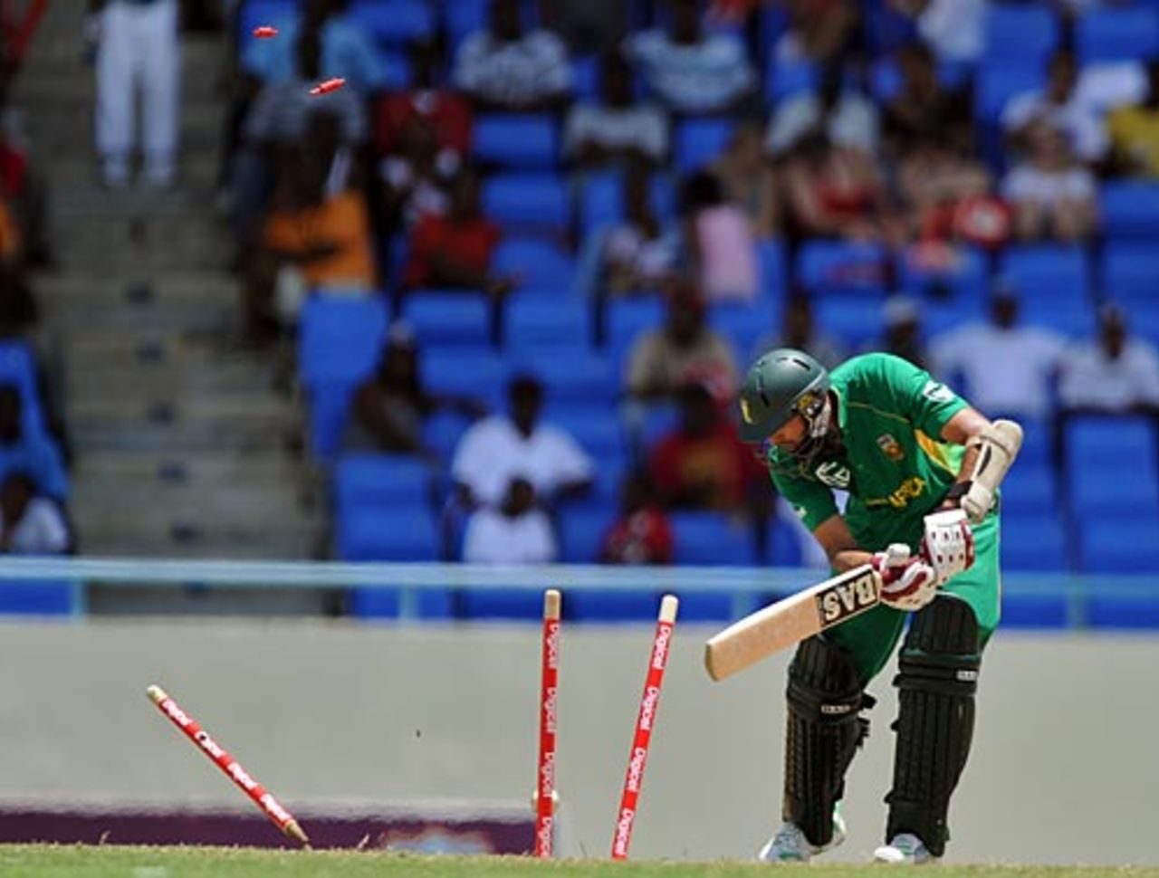 Hashim Amla is bowled by Ravi Rampaul, West Indies v South Africa, 1st ODI, Antigua, May 22, 2010