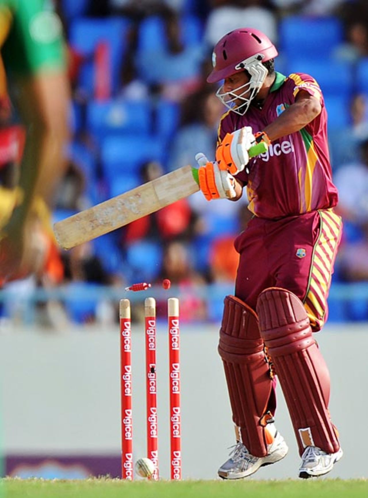 Ramnaresh Sarwan inside edges on to his stumps, West Indies v South Africa, 1st ODI, Antigua, May 22, 2010