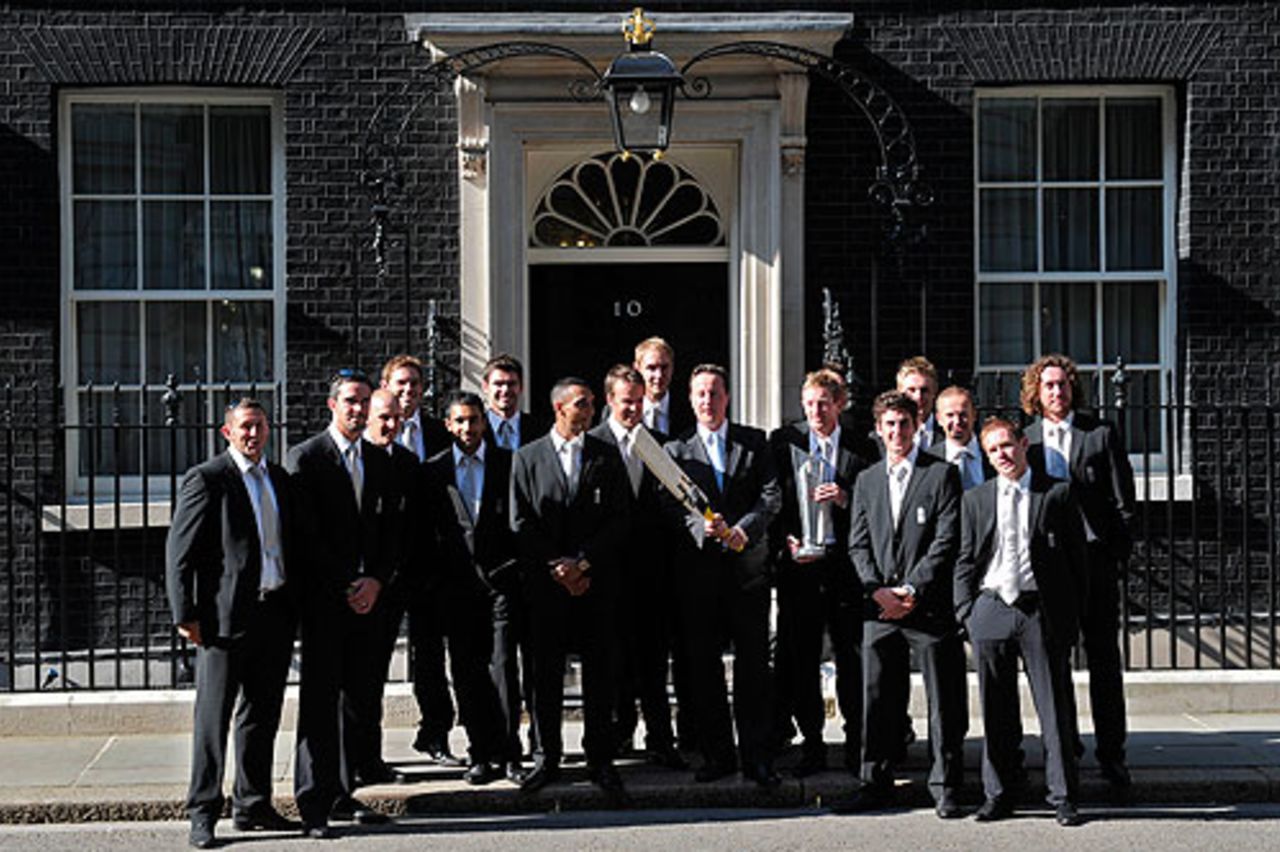 The prime minister, David Cameron, poses with England's World Twenty20 winners outside No. 10 Downing Street, London, May 24, 2010