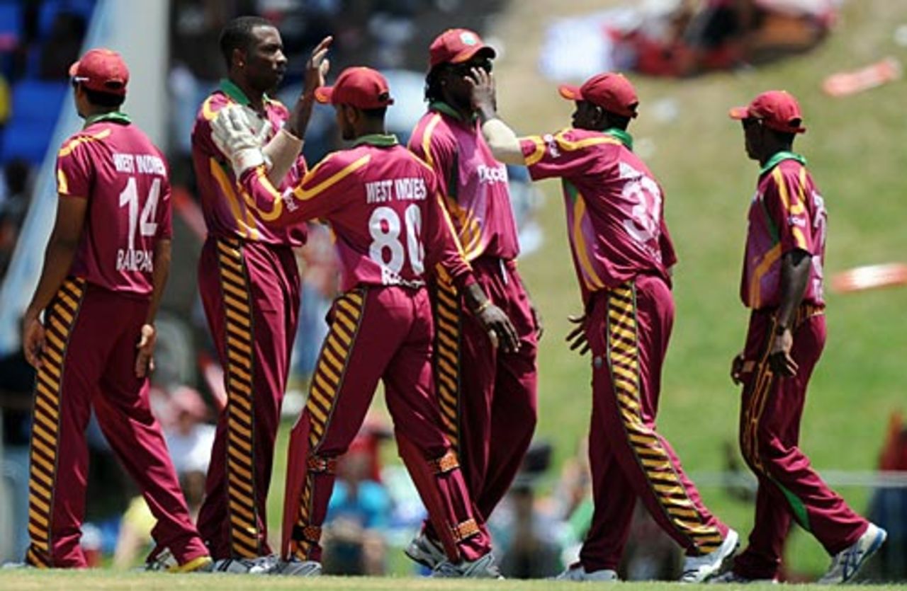 The West Indians celebrate a wicket, West Indies v South Africa, 2nd ODI, Antigua, May 24, 2010