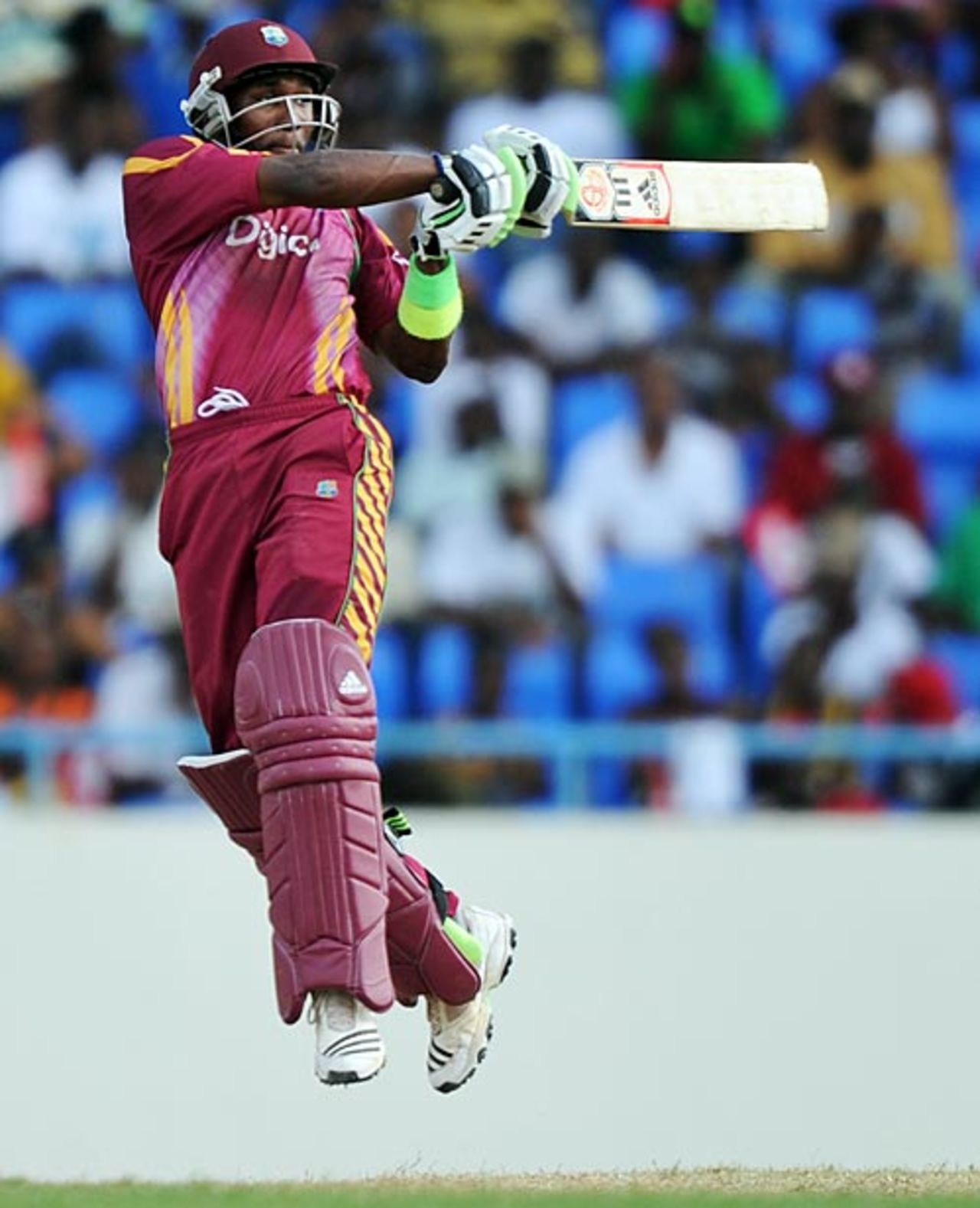 Dwayne Bravo pulls with feet off the ground, West Indies v South Africa, 2nd ODI, Antigua, May 24, 2010
