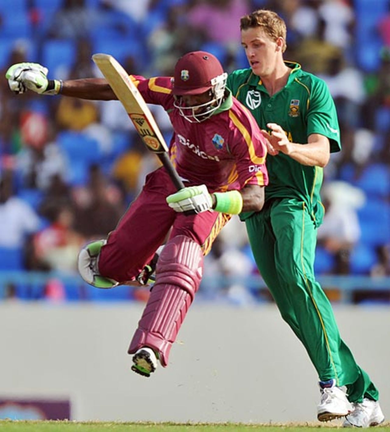 Dwayne Bravo rushes to get ahead of Morne Morkel, West Indies v South Africa, 2nd ODI, Antigua, May 24, 2010