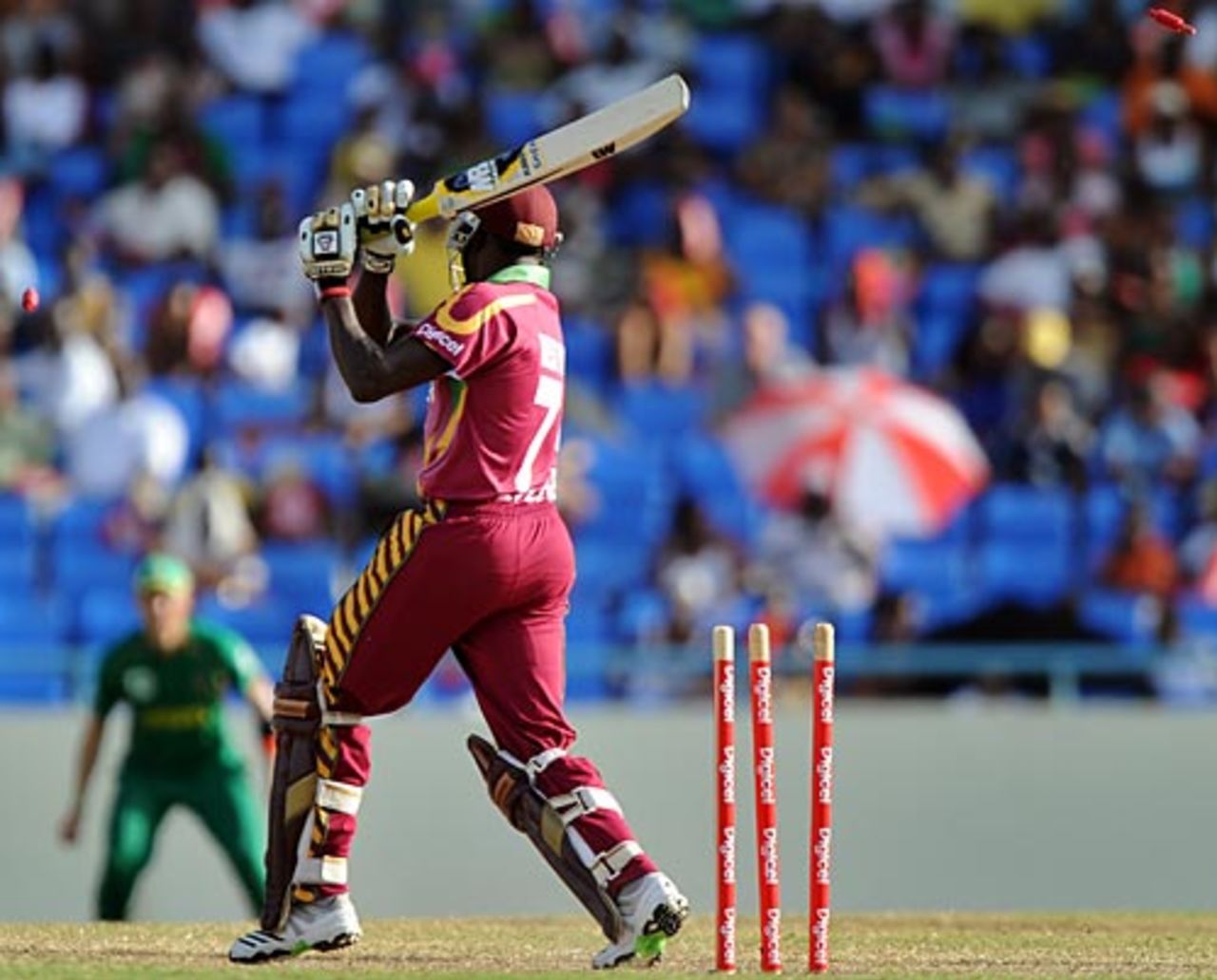 Jerome Taylor is bowled, West Indies v South Africa, 2nd ODI, Antigua, May 24, 2010