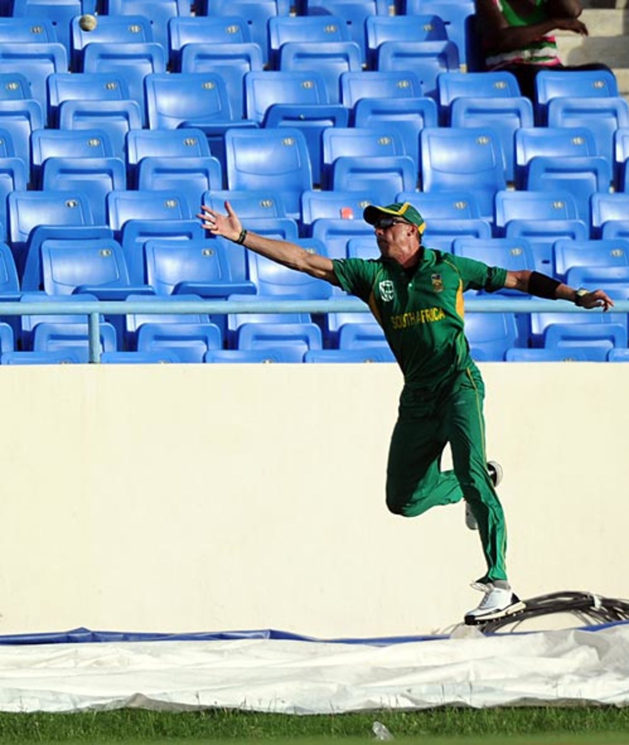 Dale Steyn leaps but the ball flies over him, West Indies v South Africa, 2nd ODI, Antigua, May 24, 2010
