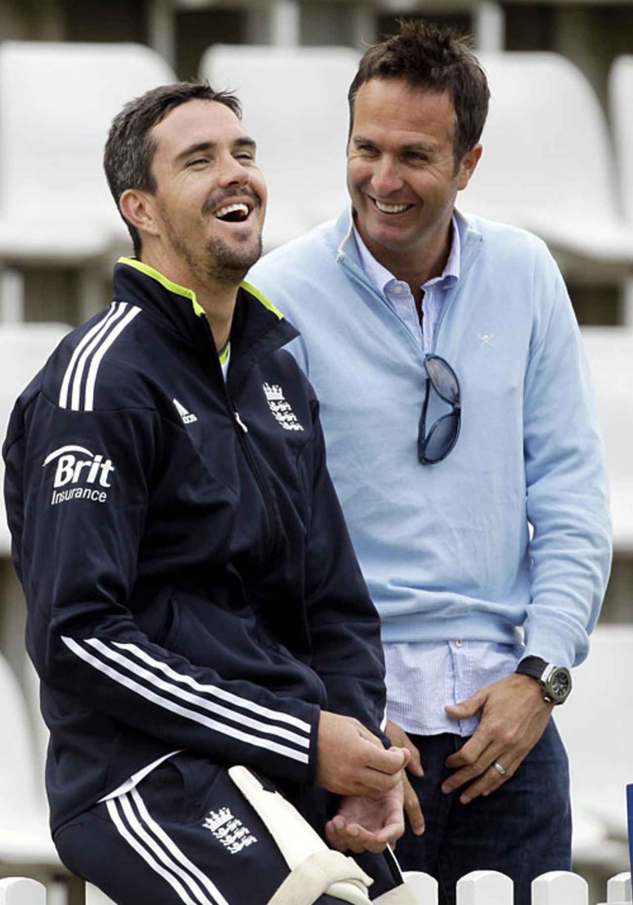 Kevin Pietersen shares a joke with former England captain Michael Vaughan, Lord's, May 26, 2010