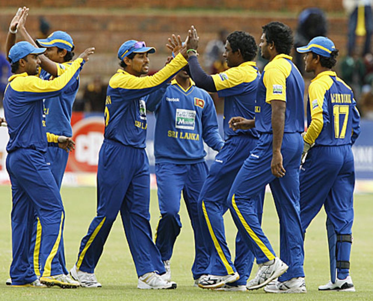 Ajantha Mendis and the rest celebrate a strike, Zimbabwe v Sri Lanka, Tri-series, 3rd ODI, Bulawayo, June 1, 2010 