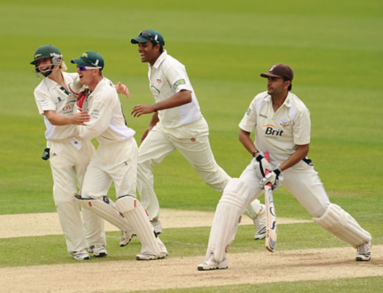 Leicestershire celebrate the dismissal of Usman Afzaal as Surrey slumped towards defeat, Surrey v Leicestershire, County Championship Division Two, The Oval, June 6, 2010