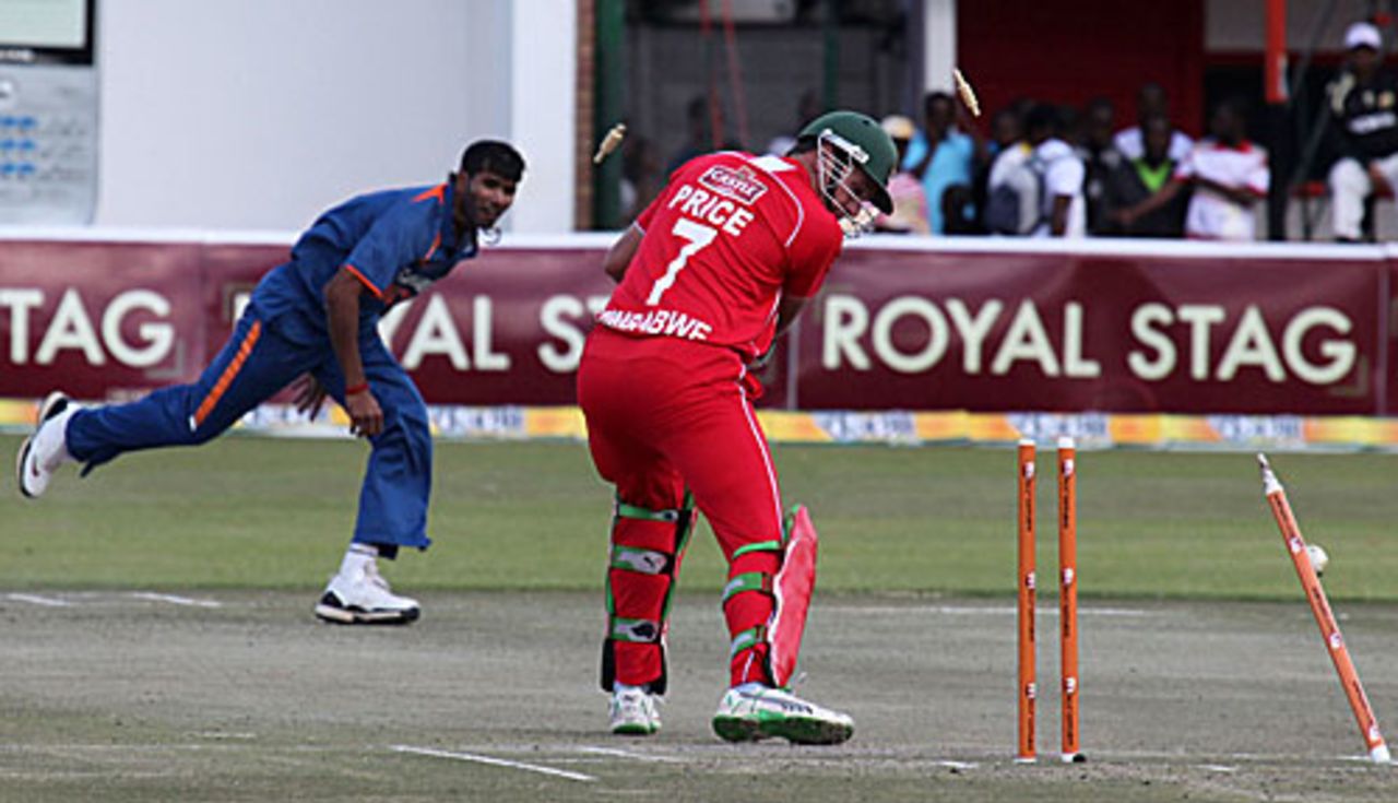 Ashok Dinda sends Ray Price's off stump for a walk, Zimbabwe v India, 1st Twenty20, Harare, June 12, 2010