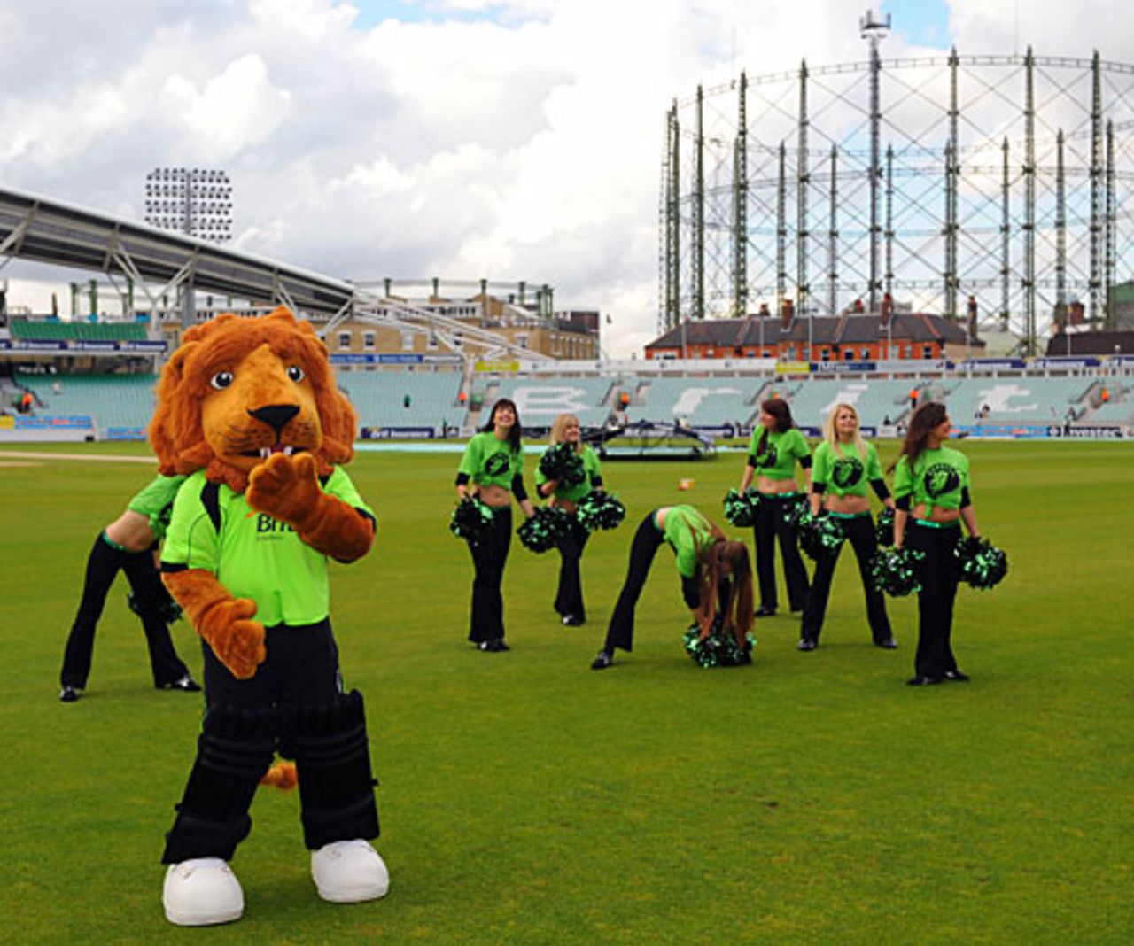 The Surrey mascot with the cheerleaders, The Oval, June 8, 2010