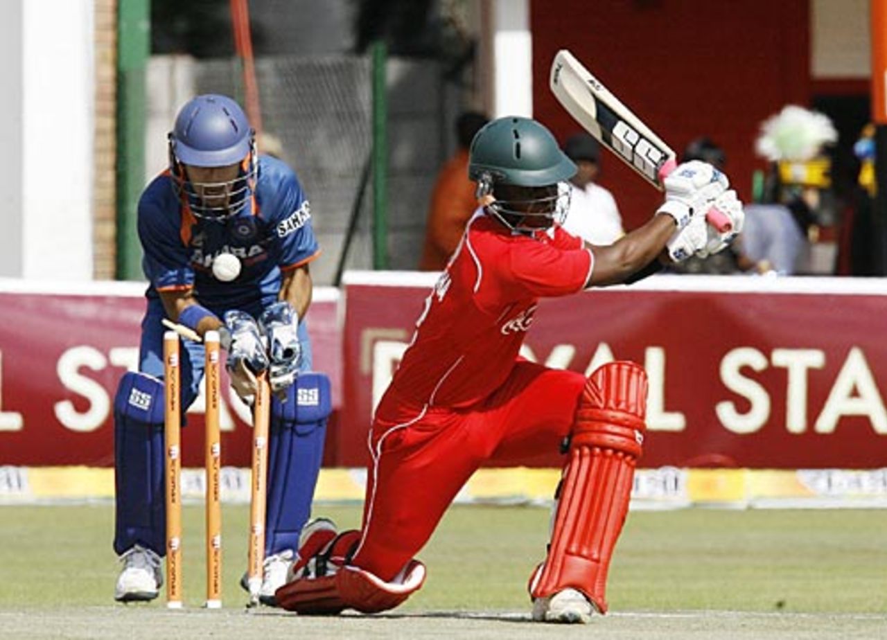 Chamu Chibhabha is bowled by Pragyan Ojha, Zimbabwe v India, 2nd Twenty20 international, Harare, June 13, 2010