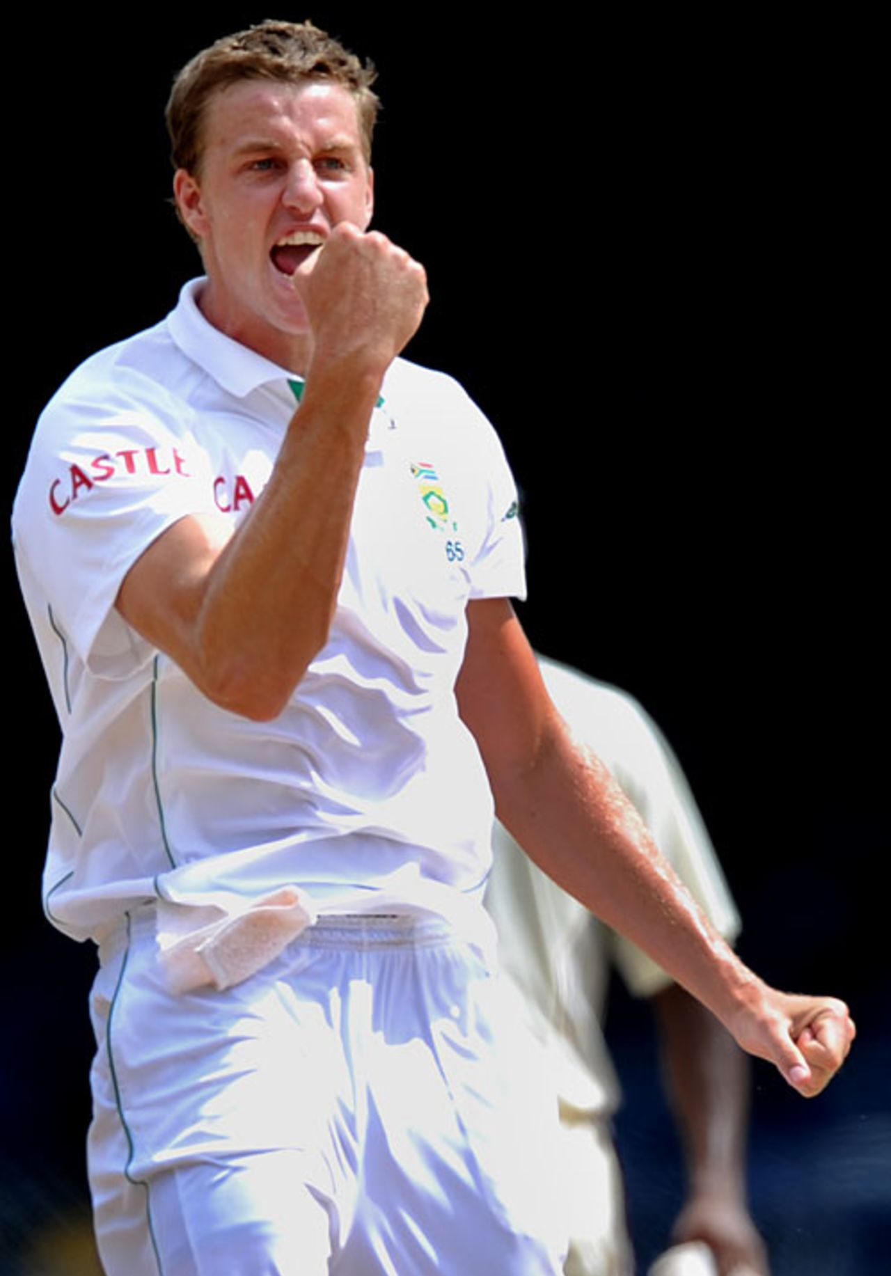 Morne Morkel celebrates after claiming the crucial wicket of Chris Gayle for the second time in the match, West Indies v South Africa, 1st Test, Trinidad, 4th day, June 13, 2010