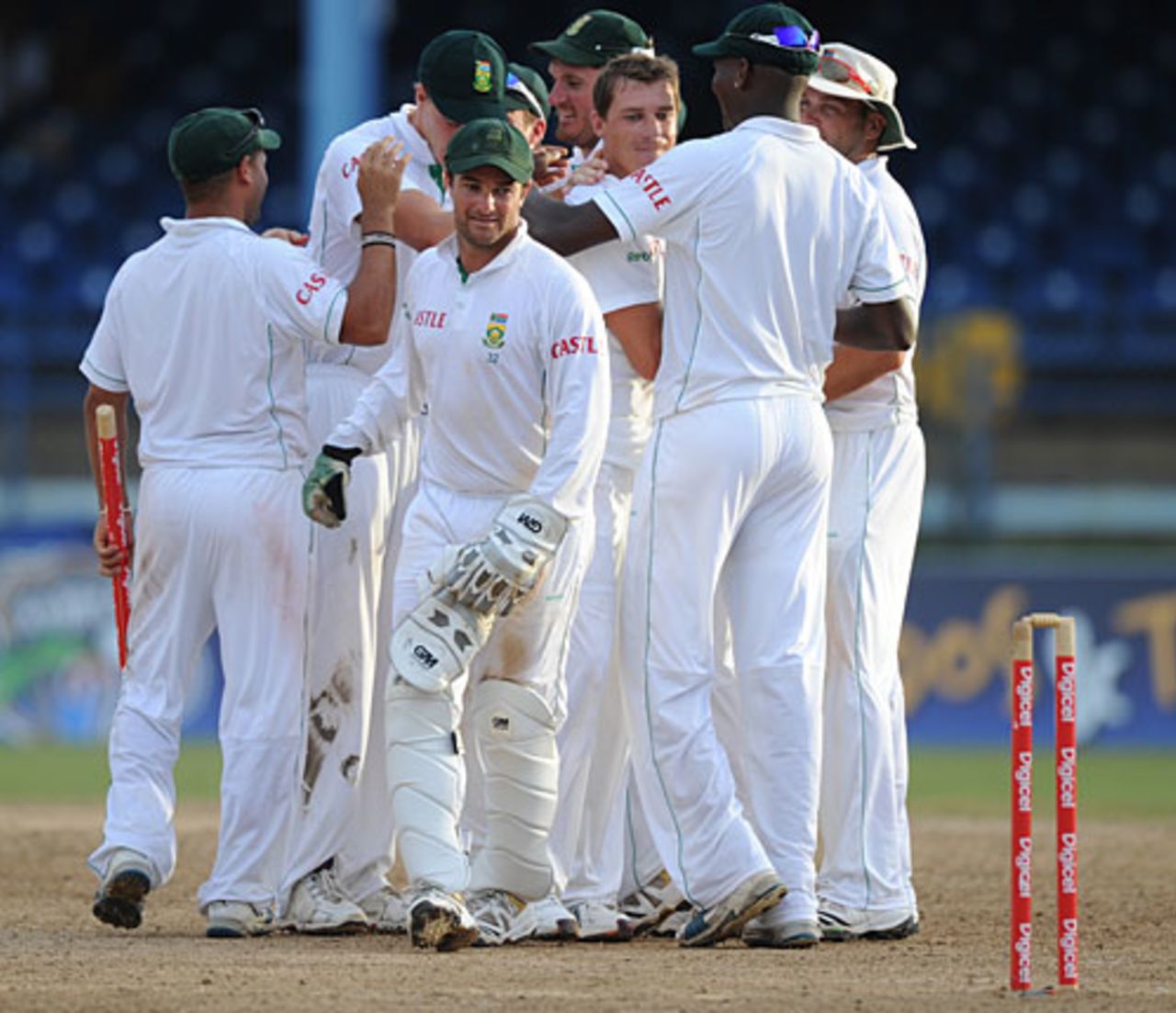 South Africa celebrate after completing a 163-run victory in the first Test, West Indies v South Africa, 1st Test, Trinidad, 4th day, June 13, 2010