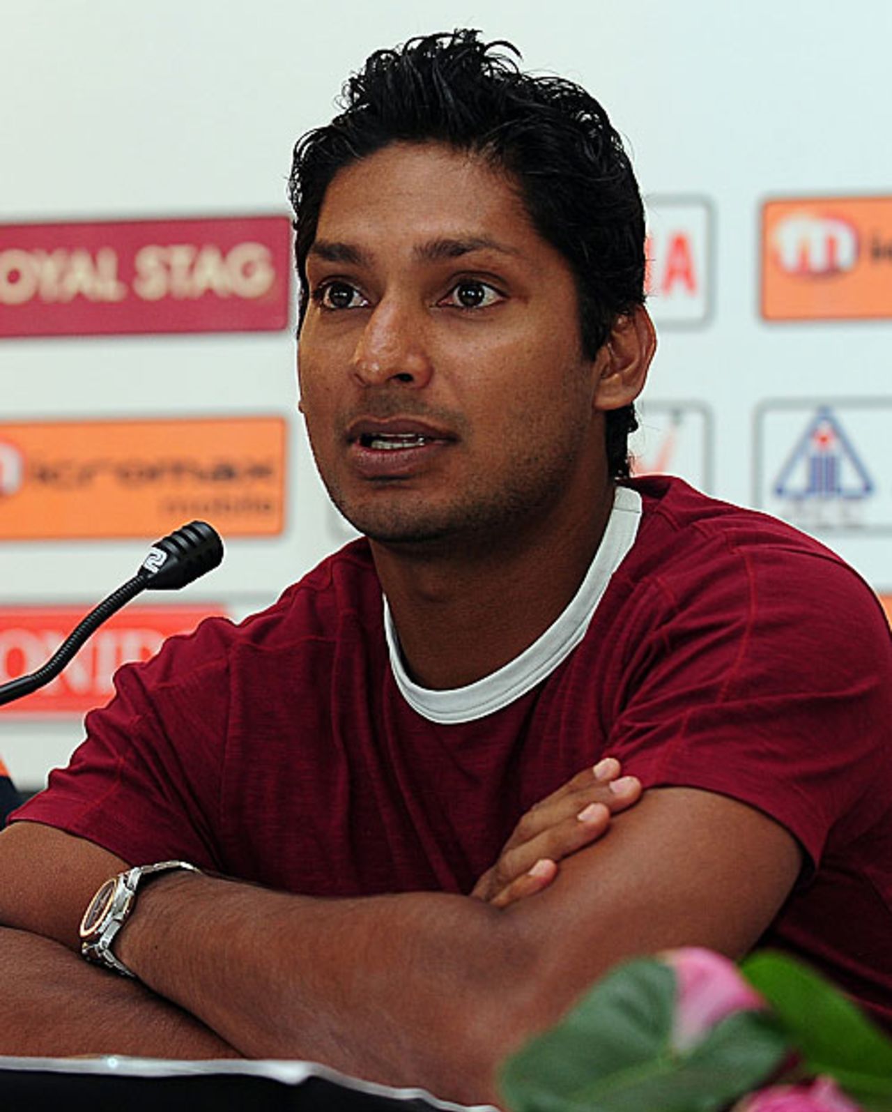 Kumar Sangakkara speaks to reporters ahead of Sri Lanka's first game, Dambulla, June 14, 2010