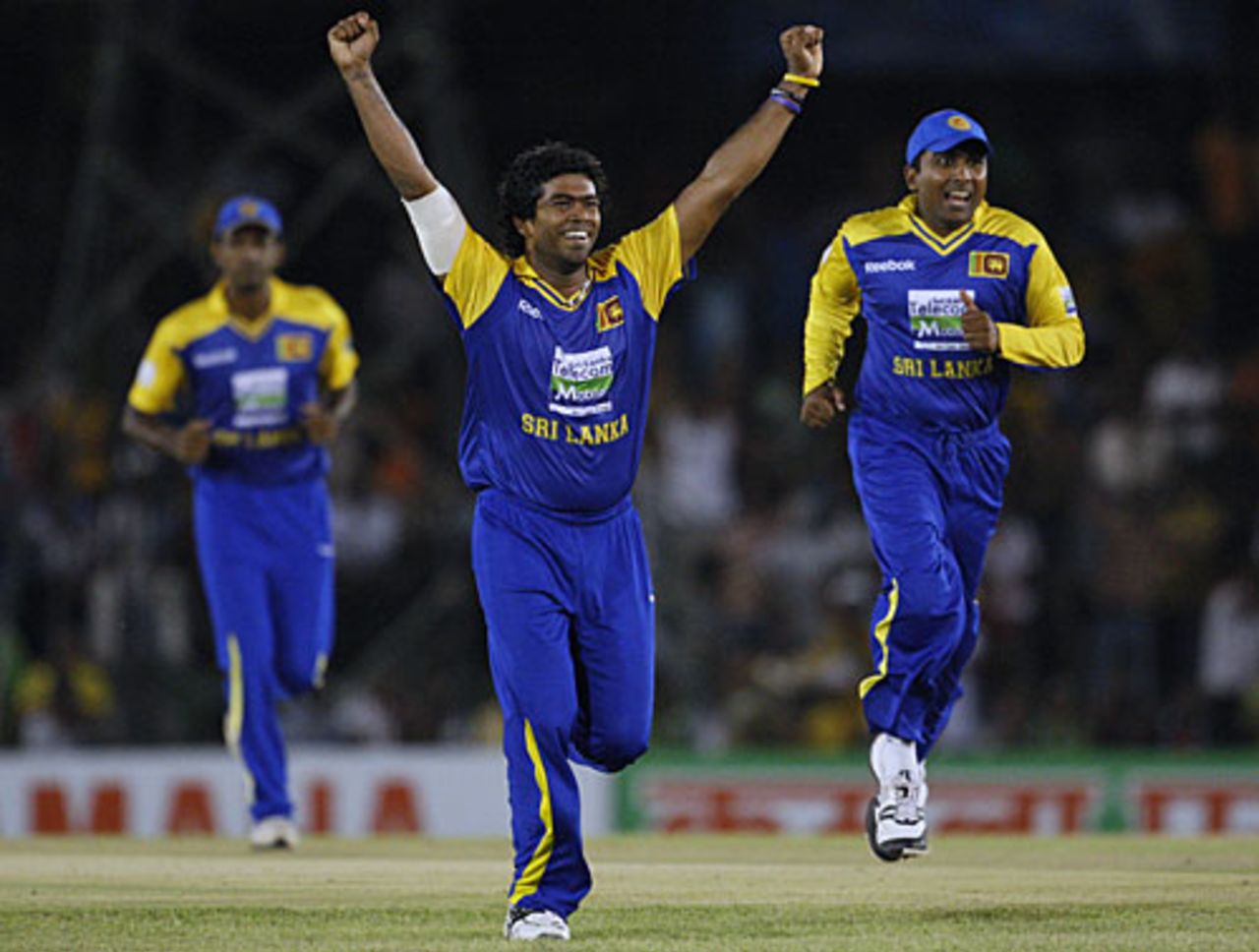 Lasith Malinga celebrates after sending back Umar Amin, Sri Lanka v Pakistan, Asia Cup, Dambulla, June 15, 2010