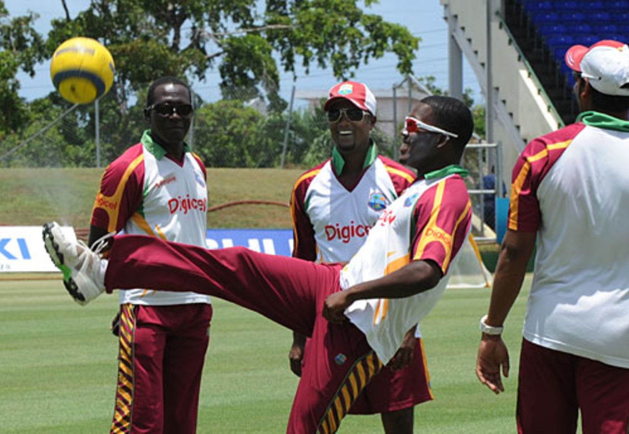 Darren Bravo gets into the World Cup spirit during training, St Kitts, June 16, 2010