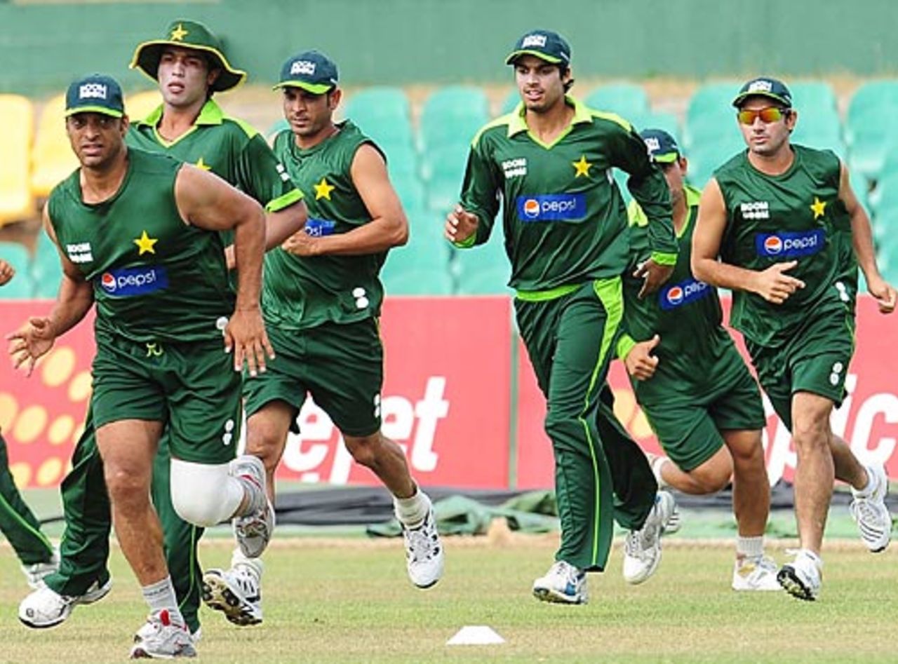 Pakistan players warm up on the eve of their match against India, Dambulla, June 18, 2010