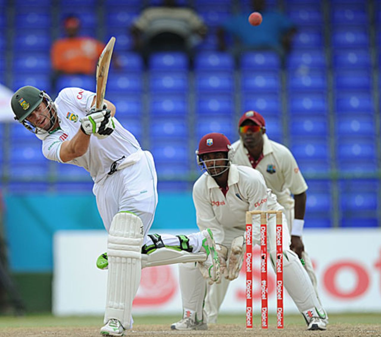AB de Villiers uses his feet to the spinners, West Indies v South Africa, 2nd Test, St Kitts, 2nd day, June 19, 2010