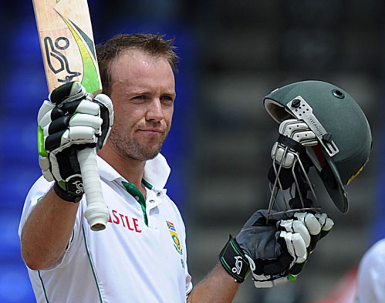 AB de Villiers celebrates his tenth Test hundred, West Indies v South Africa, 2nd Test, St Kitts, 2nd day, June 19, 2010