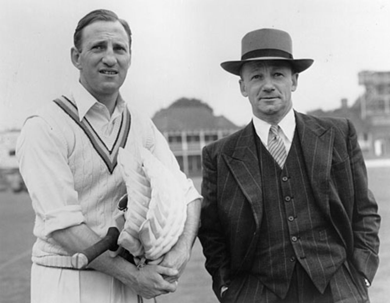Len Hutton and Don Bradman pose for a photo, England v Australia, 1st Test, Trent Bridge, 2nd day, June 12, 1953