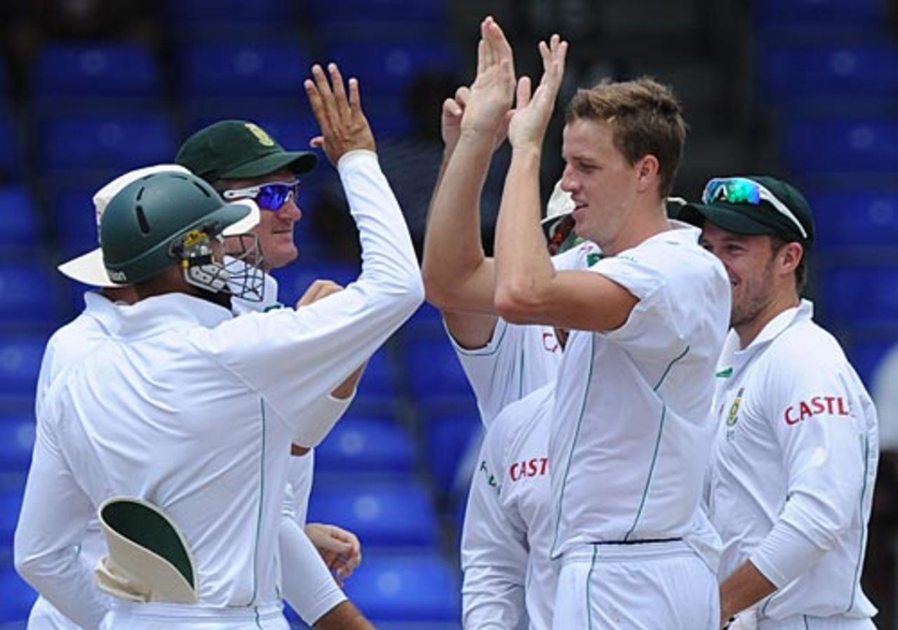 Morne Morkel celebrates after dismissing Chris Gayle, West Indies v South Africa, 2nd Test, St Kitts, 3rd day, June 20, 2010