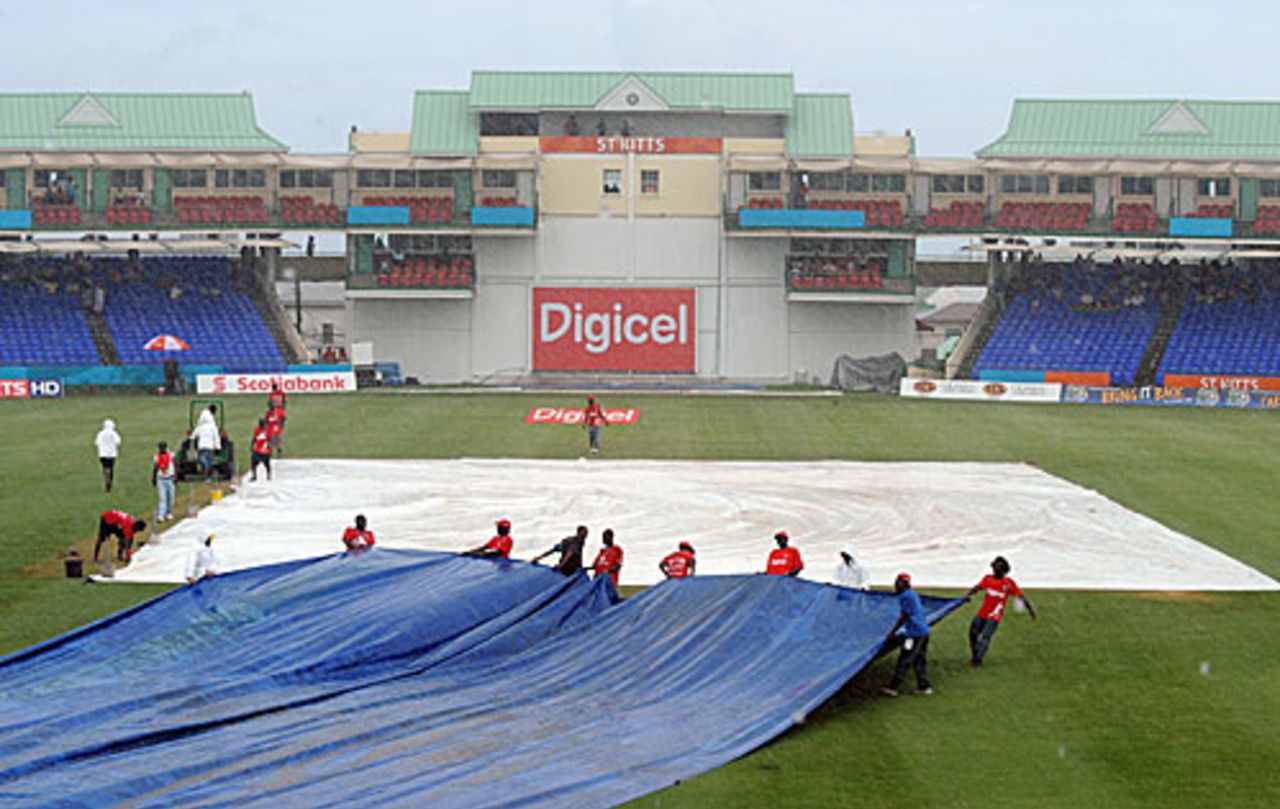 The covers are on at Warner Park, West Indies v South Africa, 2nd Test, St Kitts, 4th day, June 21, 2010