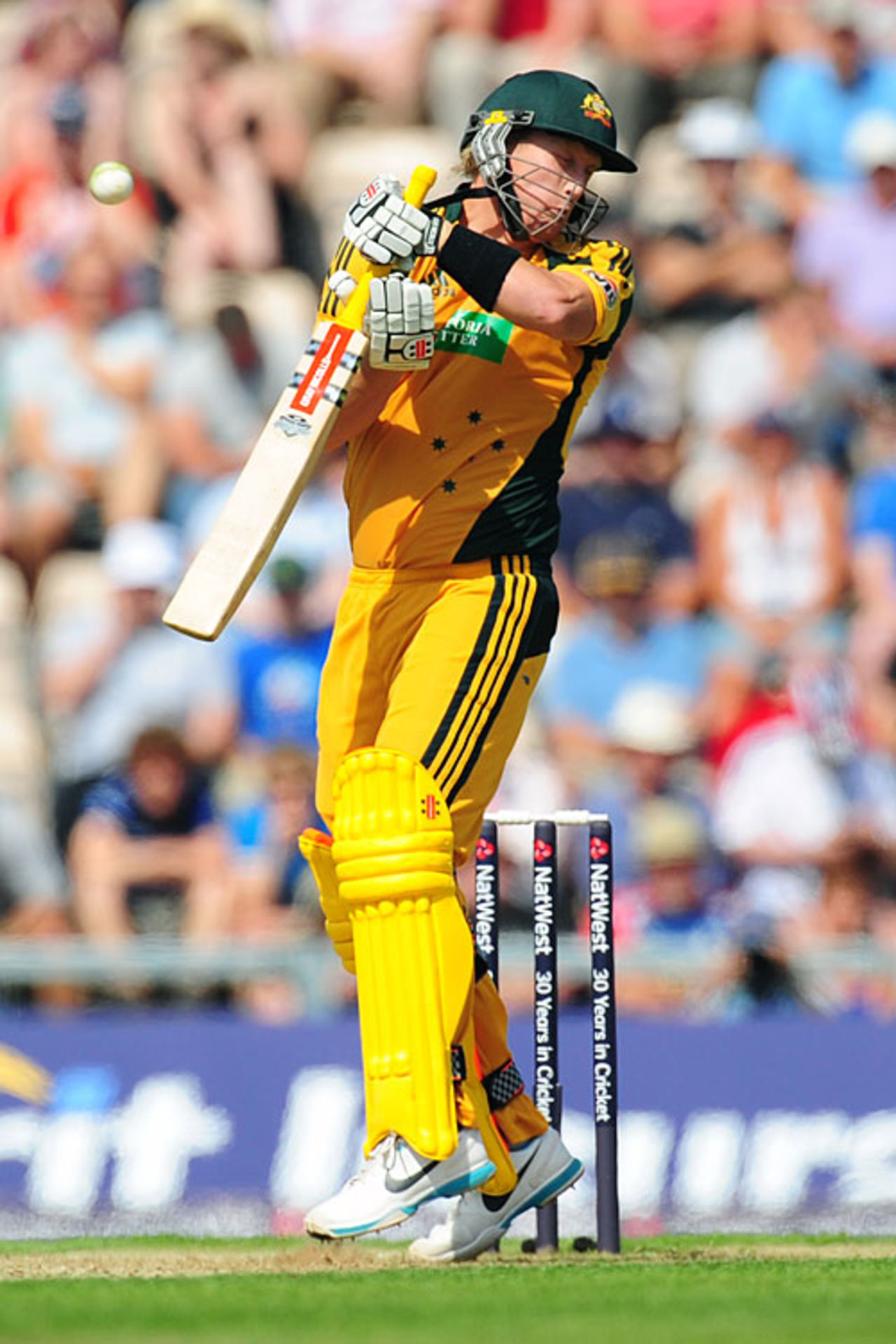 Cameron White was not allowed to settle, fending off a short ball from Luke Wright, England v Australia, 1st ODI, Rose Bowl, June 22, 2010