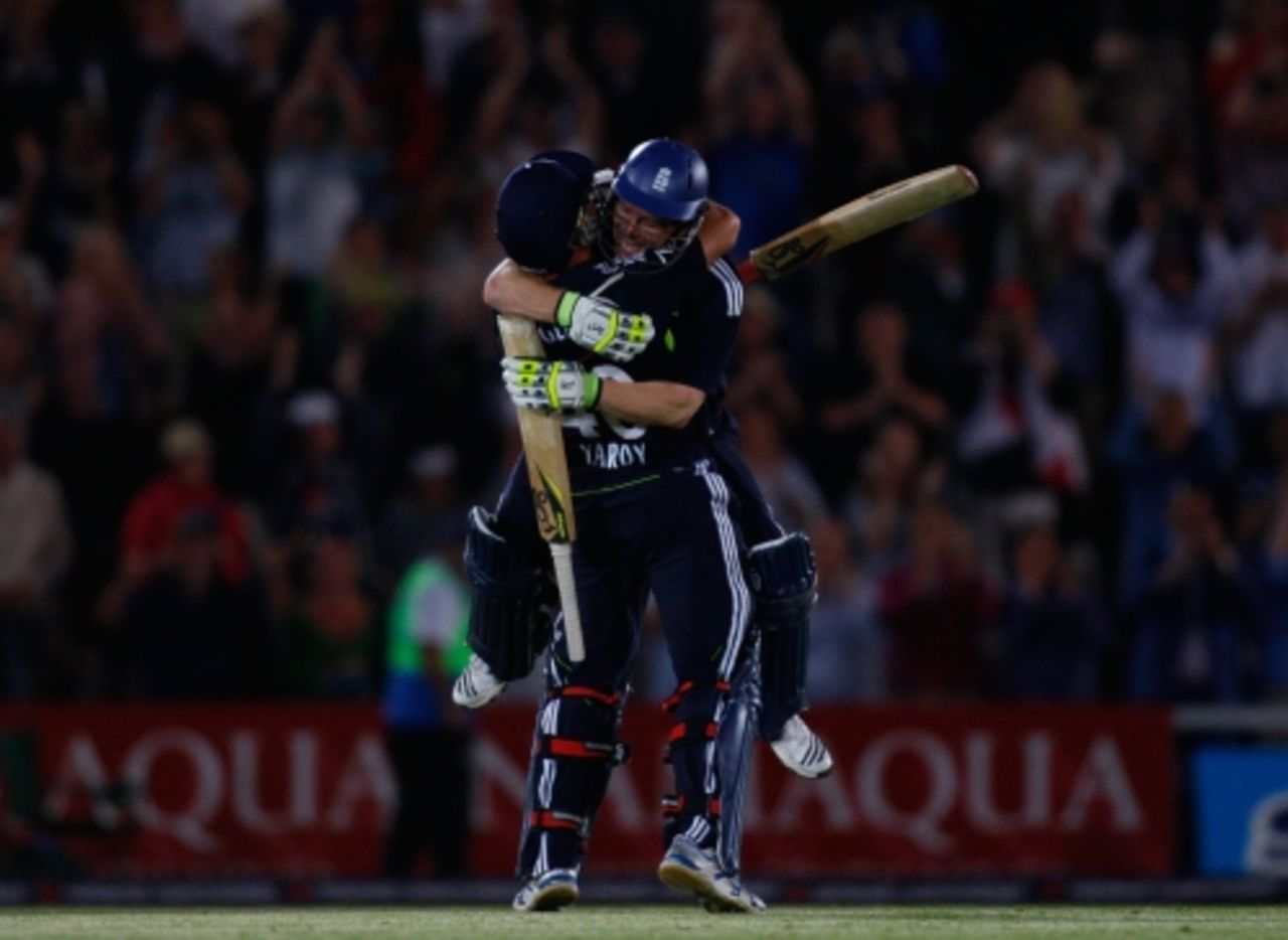 Eoin Morgan, restrained throughout his innings, finally let his emotions show when the win was secured, England v Australia, 1st ODI, Rose Bowl, June 22, 2010