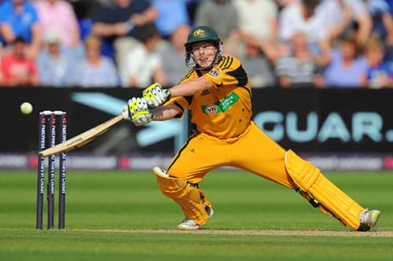 Steven Smith barely manages to reach an off-side carve, England v Australia, 2nd ODI, Cardiff, June 24, 2010