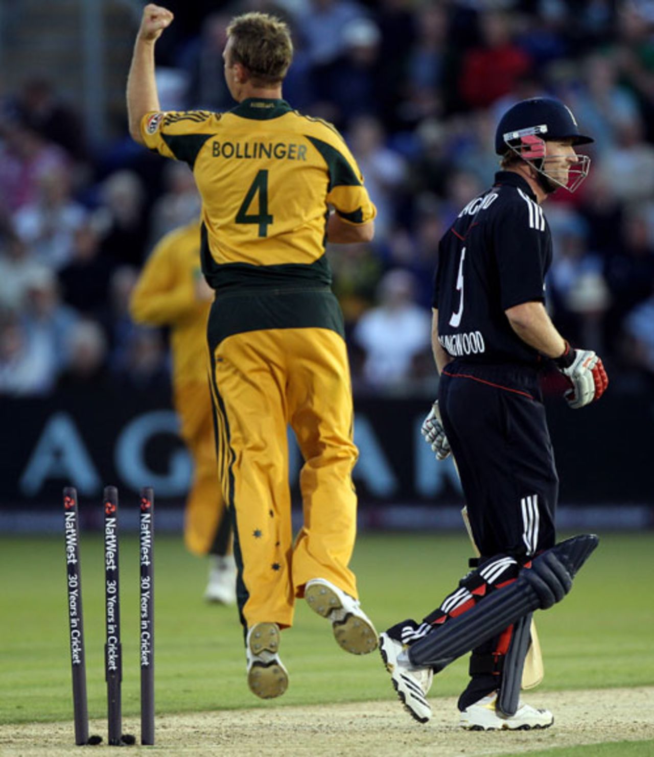 Doug Bollinger celebrates bowling Paul Collingwoood, England v Australia, 2nd ODI, Cardiff, June 24, 2010