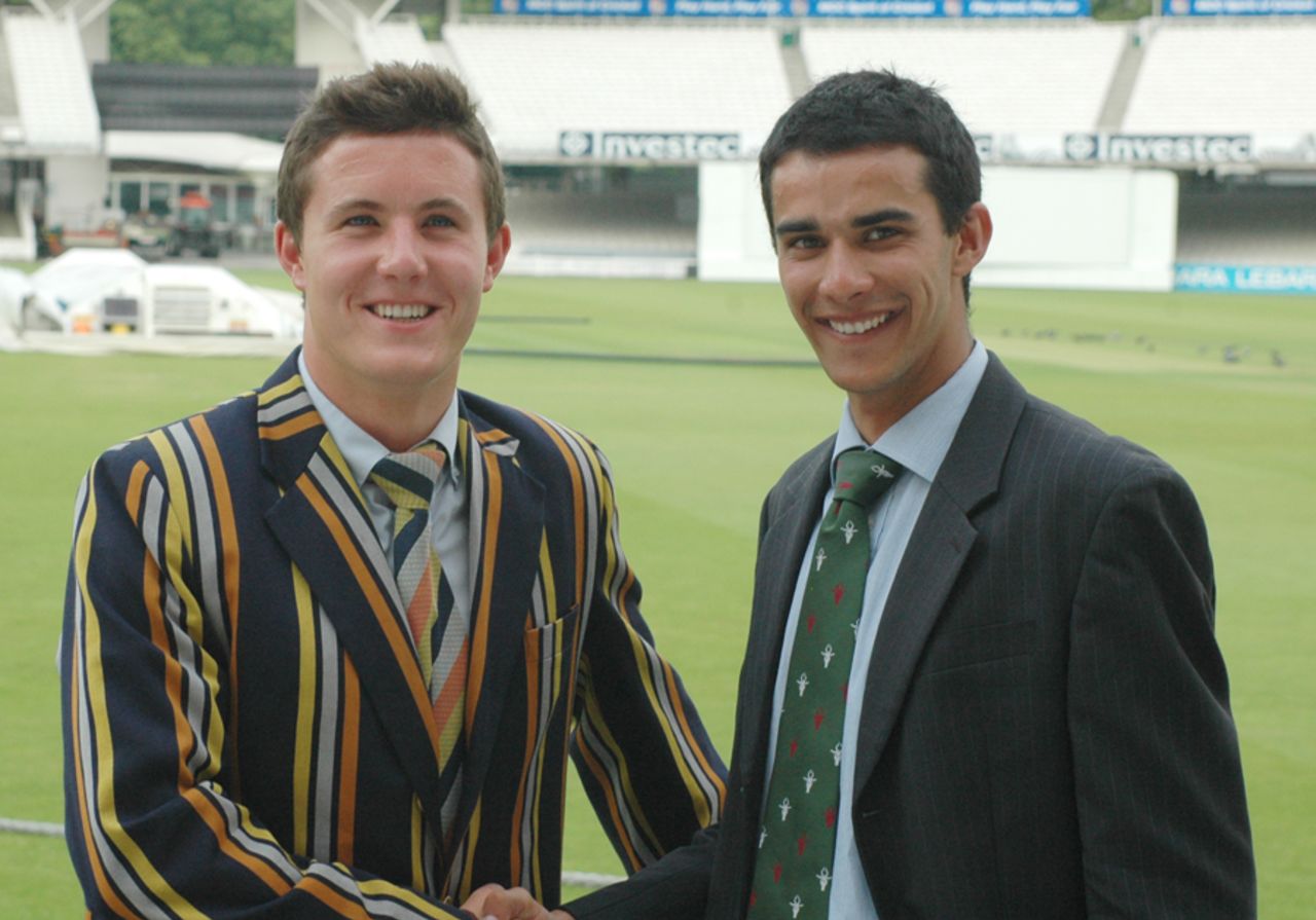 Loughborough captain Alan Cope and Durham skipper Seren Waters shake hands before the  MCC Universities final. Waters went on to score a hundred as Durham won. Both captains are former pupils of Cranleigh School, Lord's, June 25, 2010 