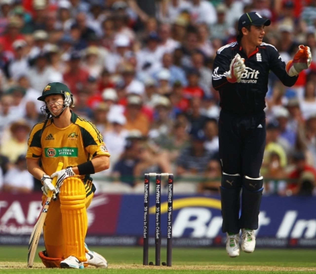 Cameron White couldn't believe his luck when he nailed a sweep straight to square leg, England v Australia, 3rd ODI, Old Trafford, June 27, 2010