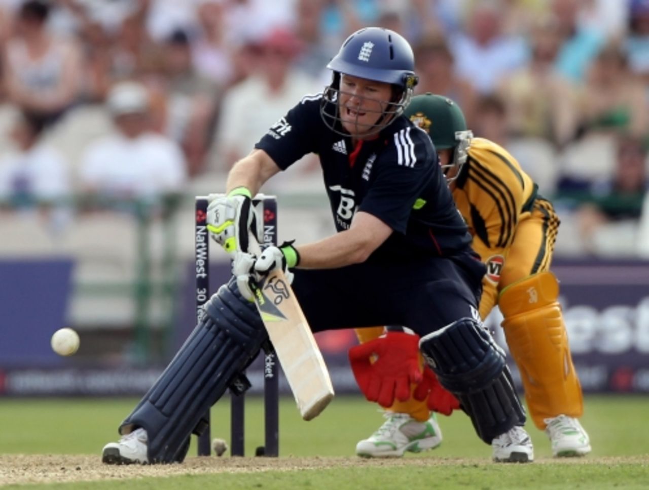 Eoin Morgan was characteristically busy at the crease in his 27, England v Australia, 3rd ODI, Old Trafford, June 27, 2010