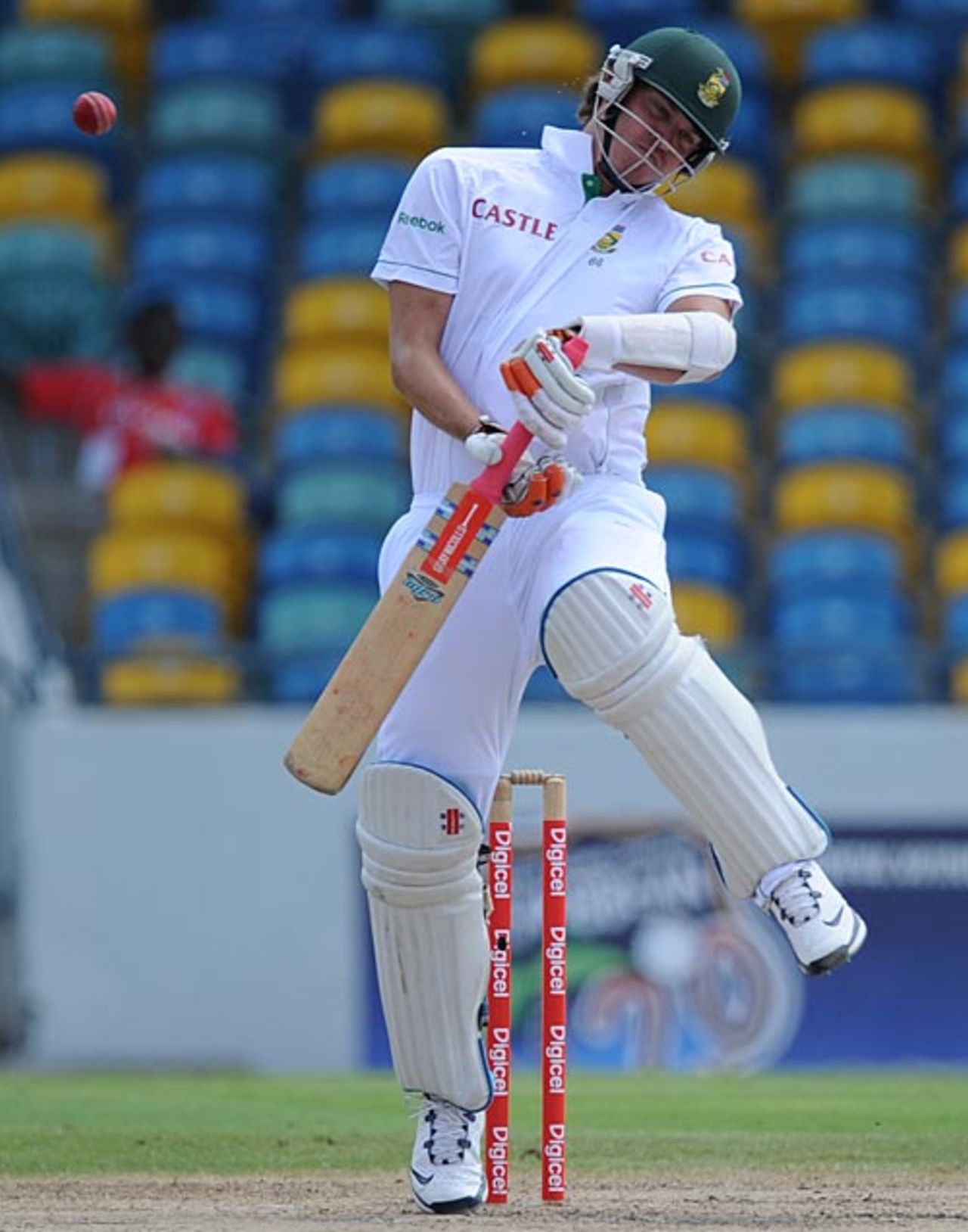 Paul Harris avoids a bouncer, West Indies v South Africa, 3rd Test, Barbados, 2nd day, June 27, 2010