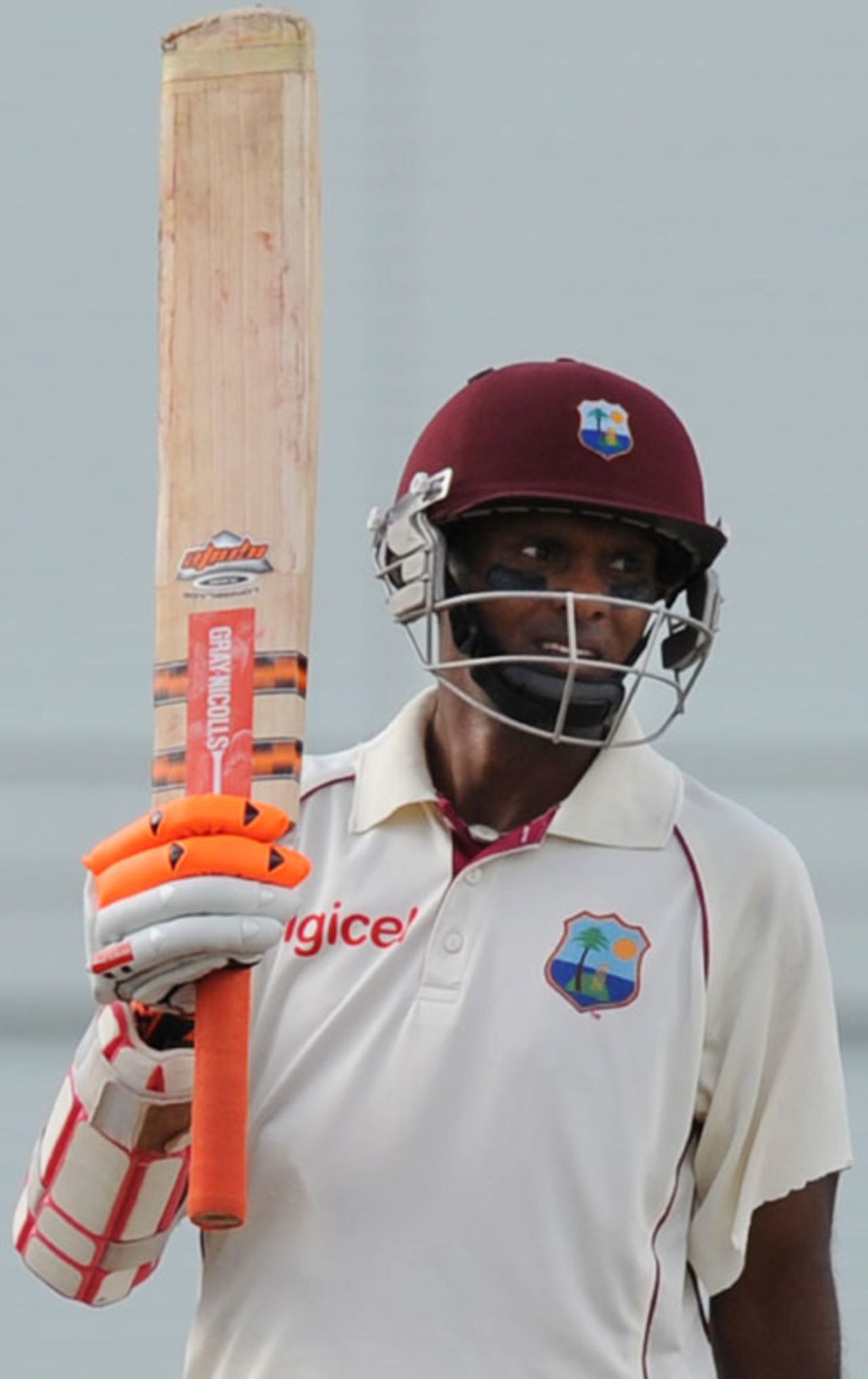 Shivnarine Chanderpaul acknowledges his half-century after playing yet another lone hand for the West Indies, West Indies v South Africa, 3rd Test, Barbados, 3rd day, June 28, 2010 