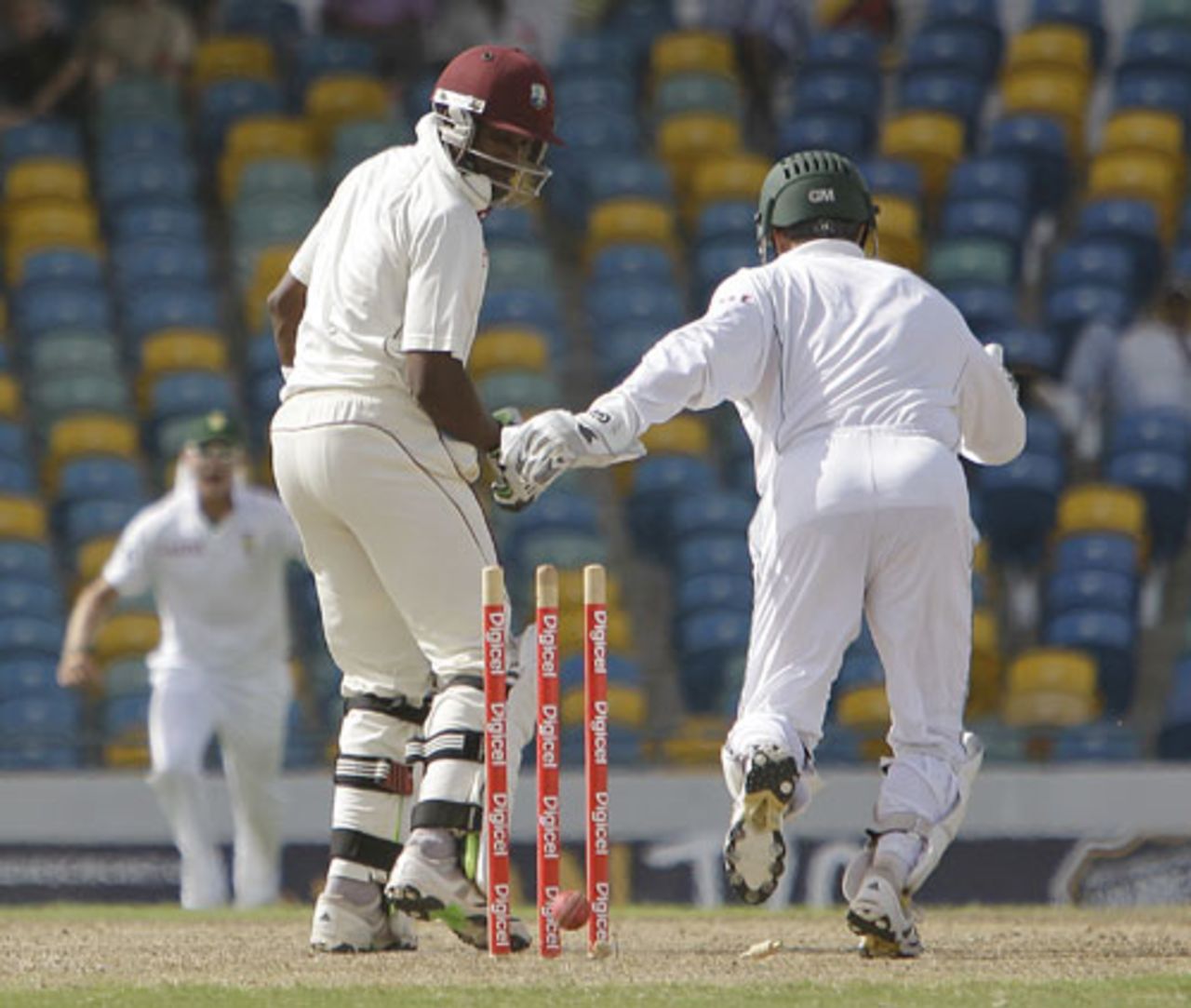 Dwayne Bravo is bowled by Paul Harris, West Indies v South Africa, 3rd Test, Barbados, 3rd day, June 28, 2010 