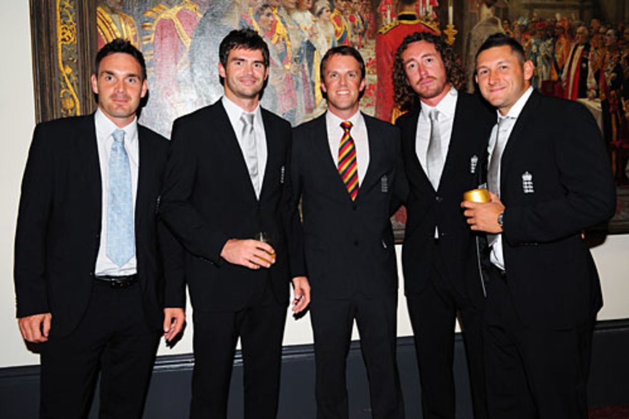 Michael Yardy, James Anderson, Graeme Swann, Ryan Sidebottom and Tim Bresnan (left to right) attend The Lord Mayor's Appeal 2010 - World of Cricket Gala, Guildhall, June 28, 2010