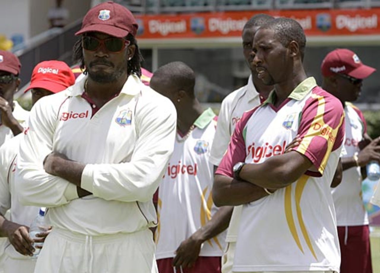 A grim Chris Gayle at the post-match presentation ceremony, West Indies v South Africa, 3rd Test, Barbados, 4th day, June 29, 2010 