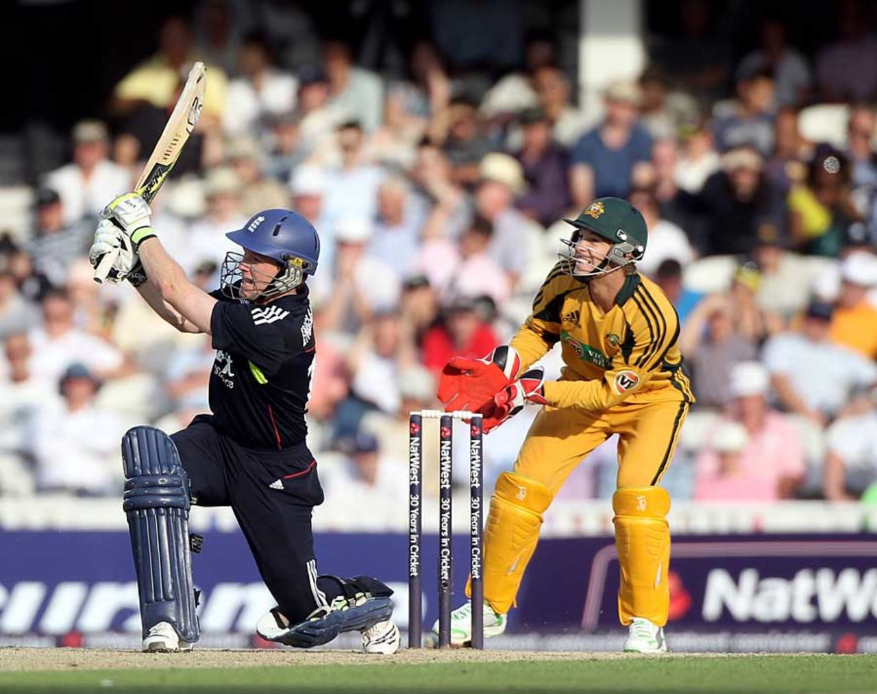 Eoin Morgan hit three sixes in his 47, but couldn't stay long enough for England's cause, England v Australia, 4th ODI, The Oval, June 30, 2010