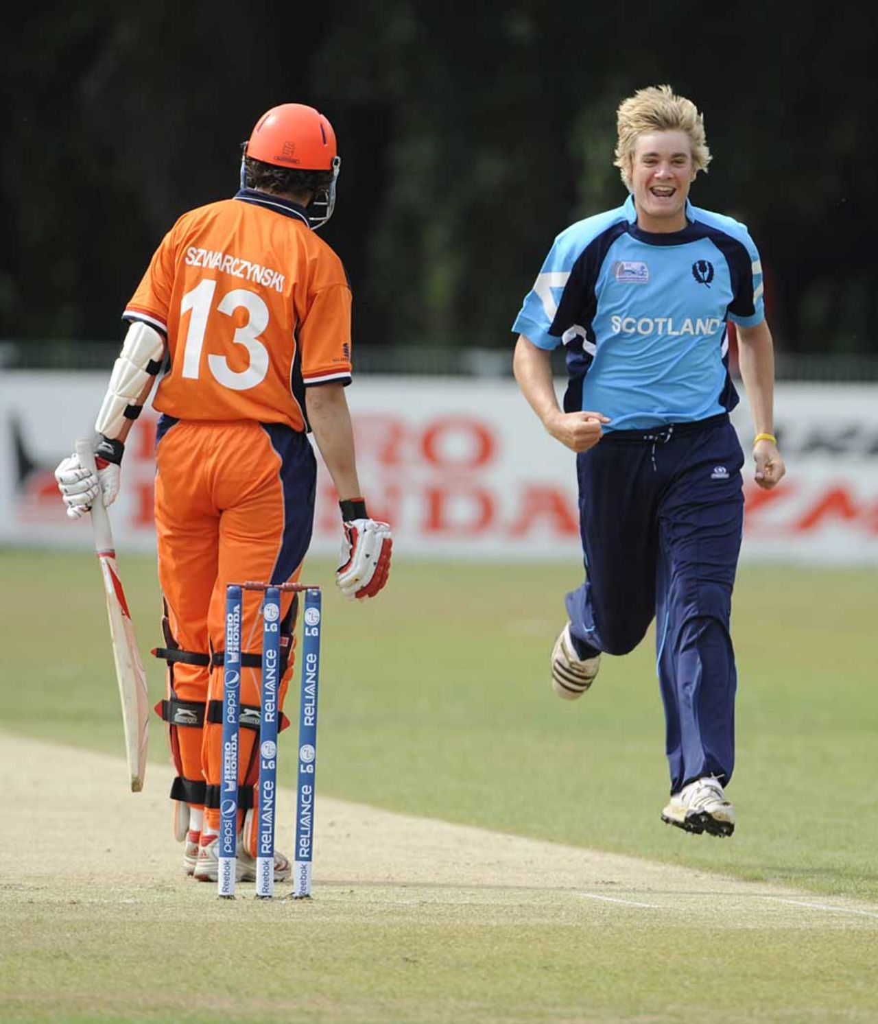 Matthew Parker celebrates as he removes Eric Szwarczynski, Netherlands v Scotland, ICC World Cricket League Division One, Amstelveen, July 1, 2010