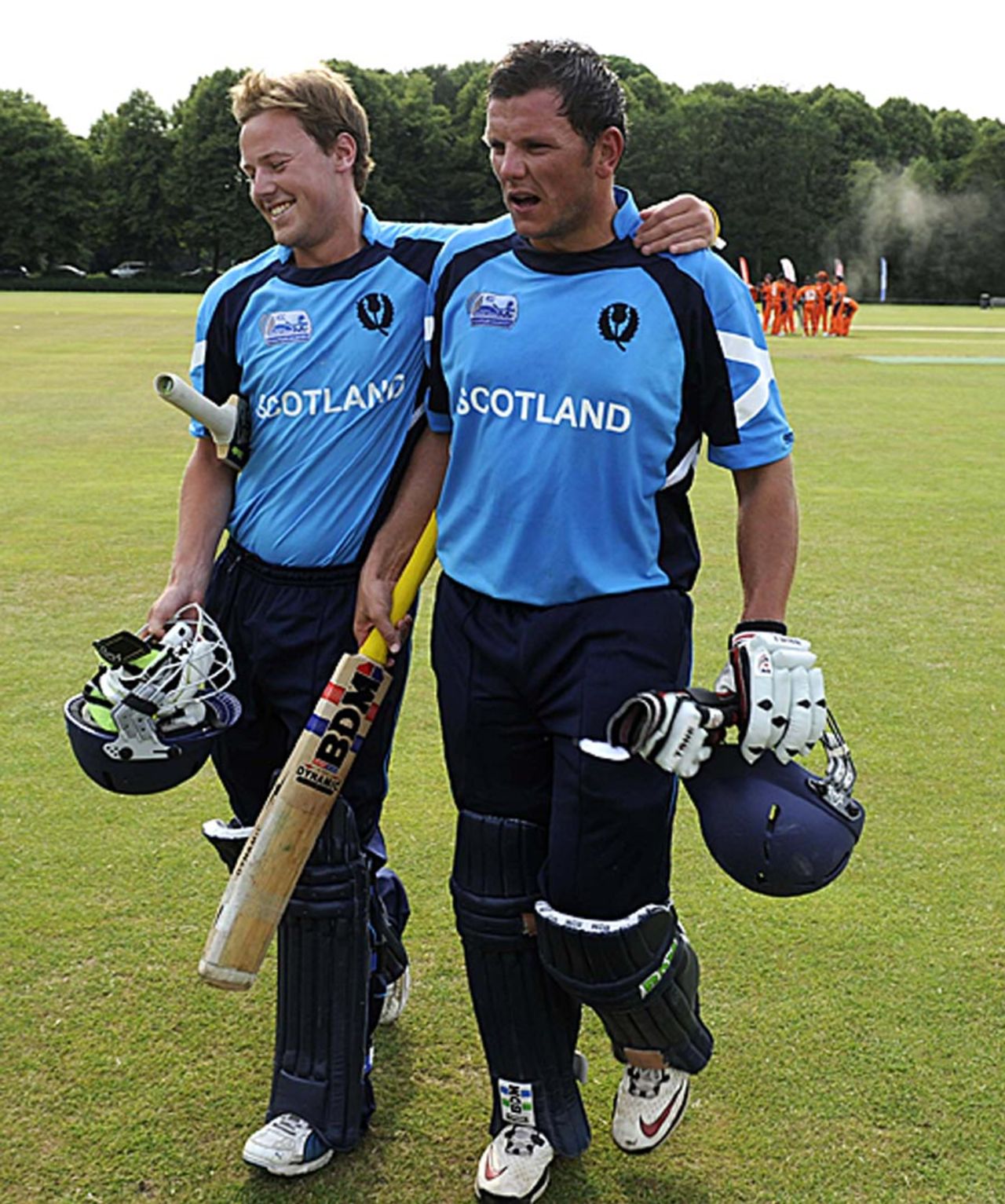 Ross Lyons and Gordon Drummond walk back after sealing a thrilling win, Netherlands v Scotland, ICC World Cricket League Division One, Amstelveen, July 1, 2010