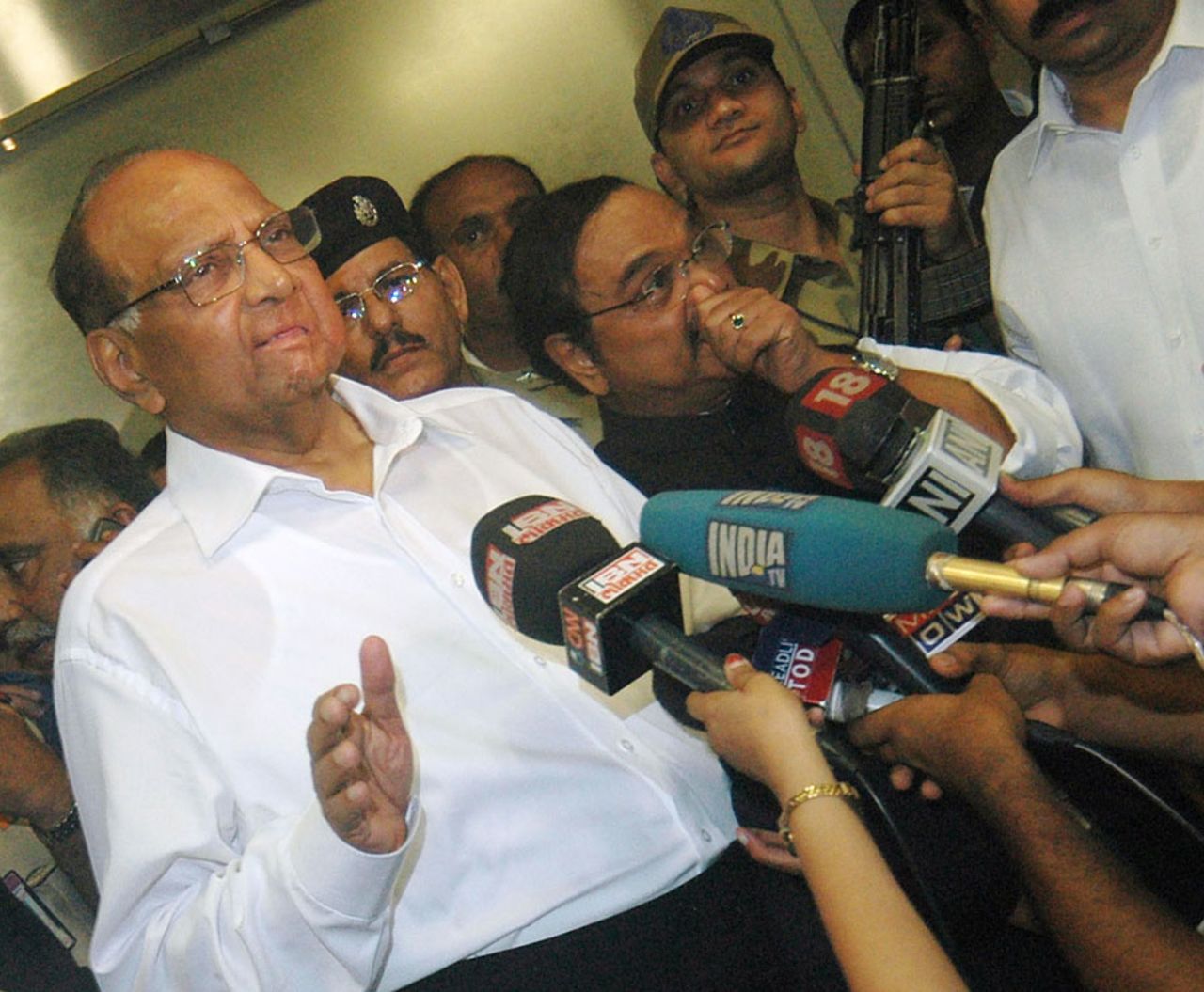 Sharad Pawar fields questions from the media after returning to India following his appointment as ICC chief, July 2, 2010