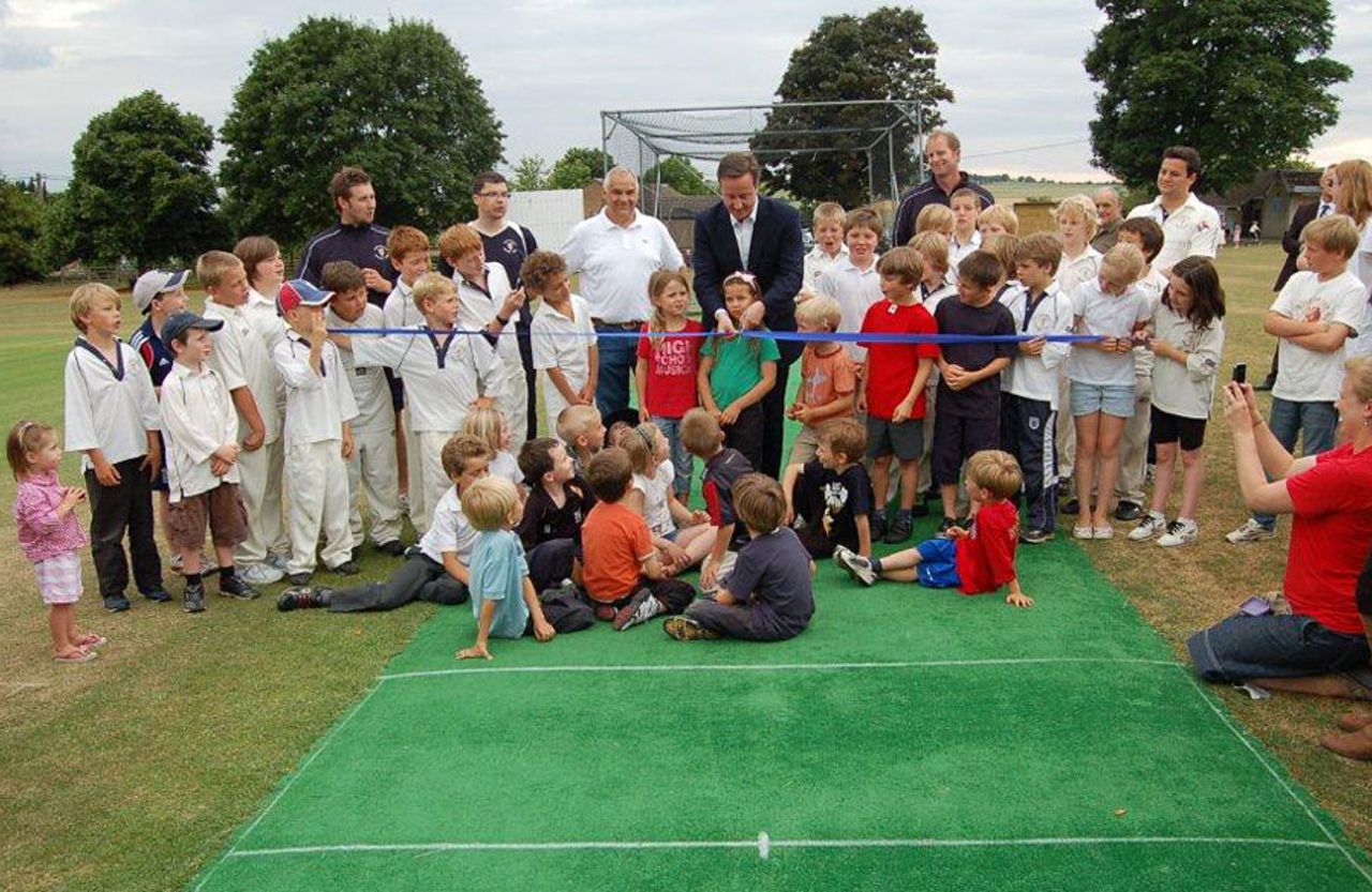 David Cameron unveils Chadlington Cricket Club's new match pitch, July 2, 2010