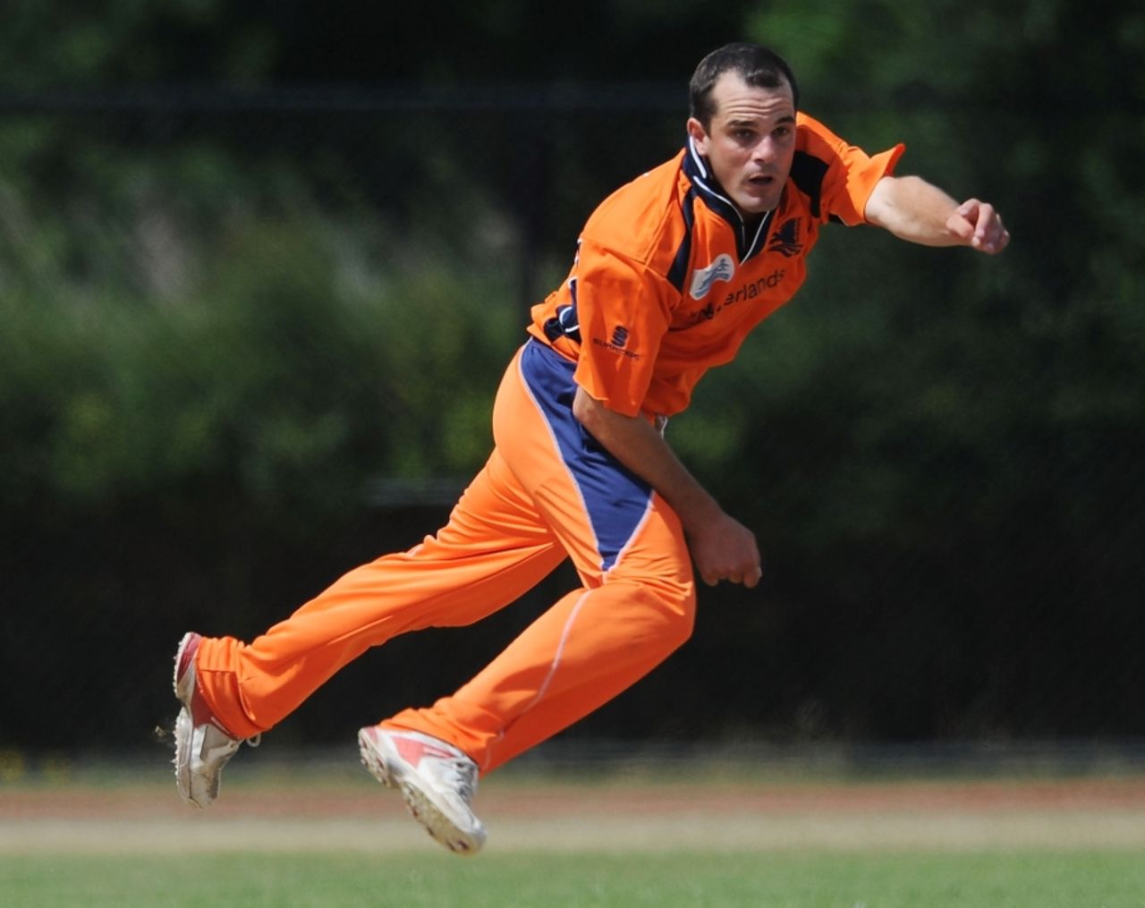 Peter Borren in his follow through after delivering a ball against Canada, Netherlands v Canada, ICC WCL Division 1, Rotterdam, July 5 2010